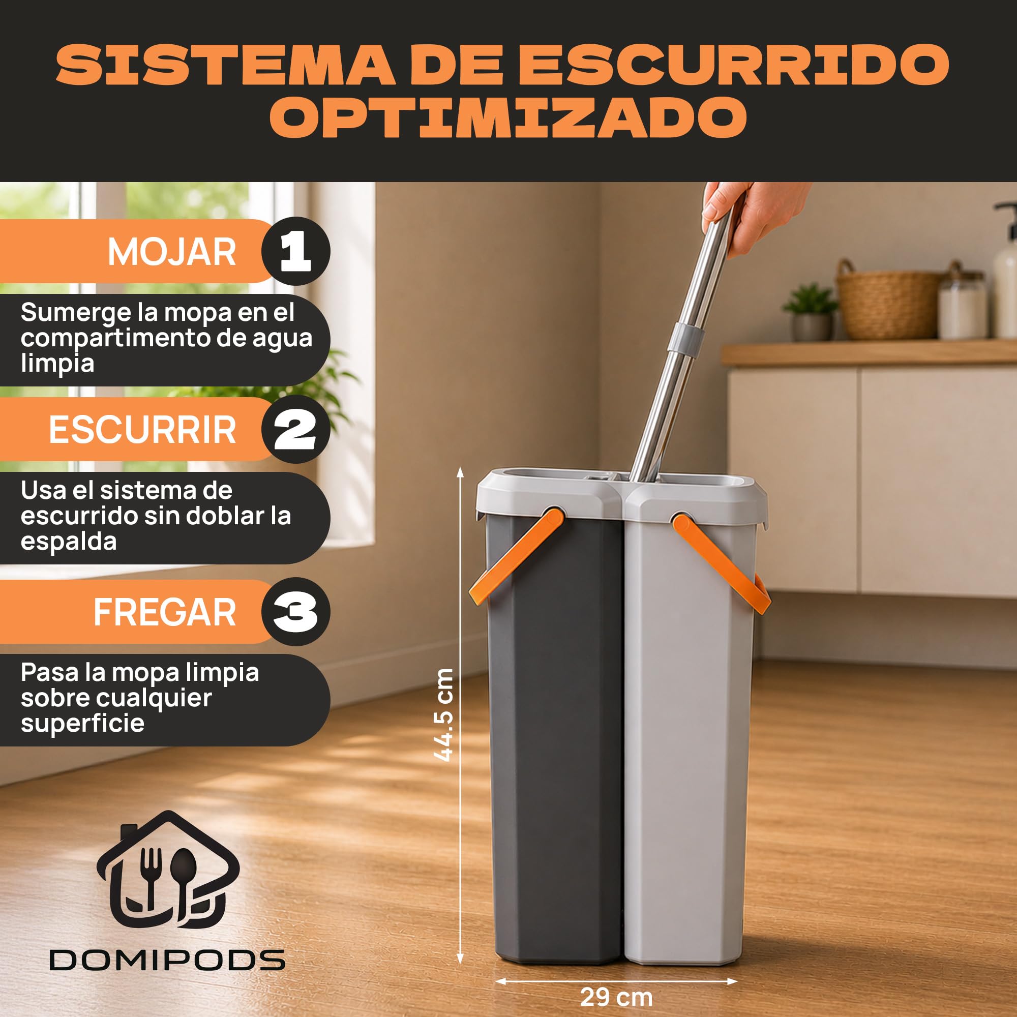 Mopa Fregona con Cubo Escurridor Doble, Sistema Separado de Agua Limpia y Sucia, Cubos Desmontables, 2 Mopas Microfibra, Fregona Plana para Todo Tipo de Suelos