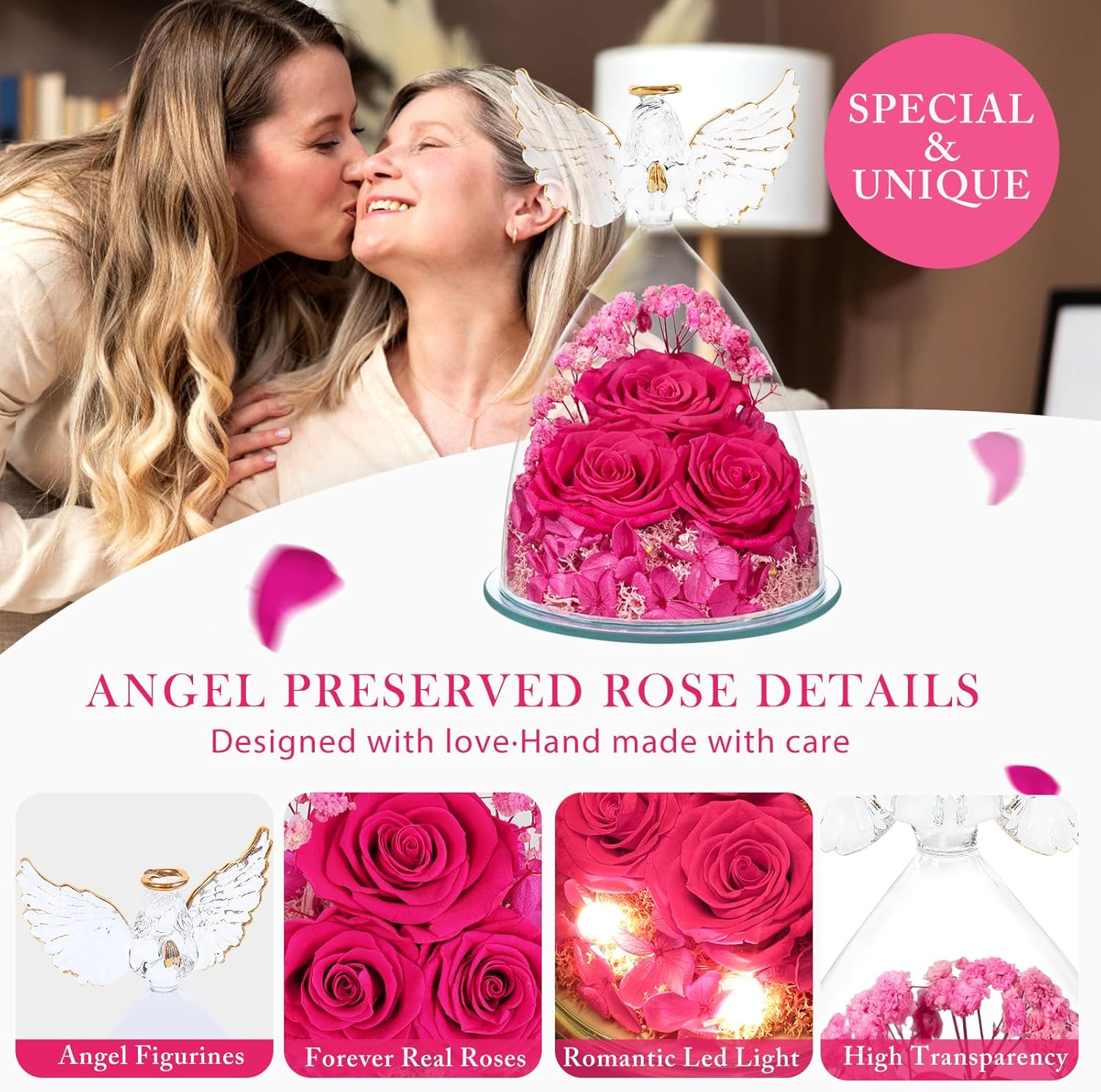 Valentines Day Gifts for Her Women Preserved Flower Rose, Forever Eternal Fresh Flowers in Glass Angel Figurines Flowers for Delivery Prime for Grandma Mom from Daughter Wife Mothers Day Birthday Pink - Image 4