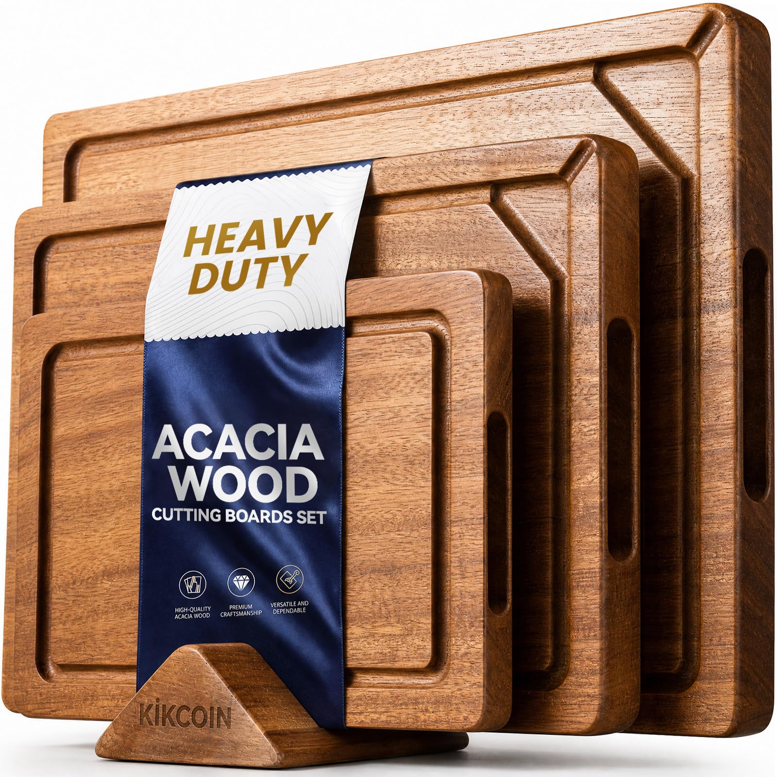 Photo 1 of Kikcoin Acacia Wood Cutting Board Set of 3, Wooden Cutting Boards for Kitchen with Deep Juice Grooves, Butcher Block Wooden Chopping Board for Meat, Large Solid Charcuterie Boards Serving Tray