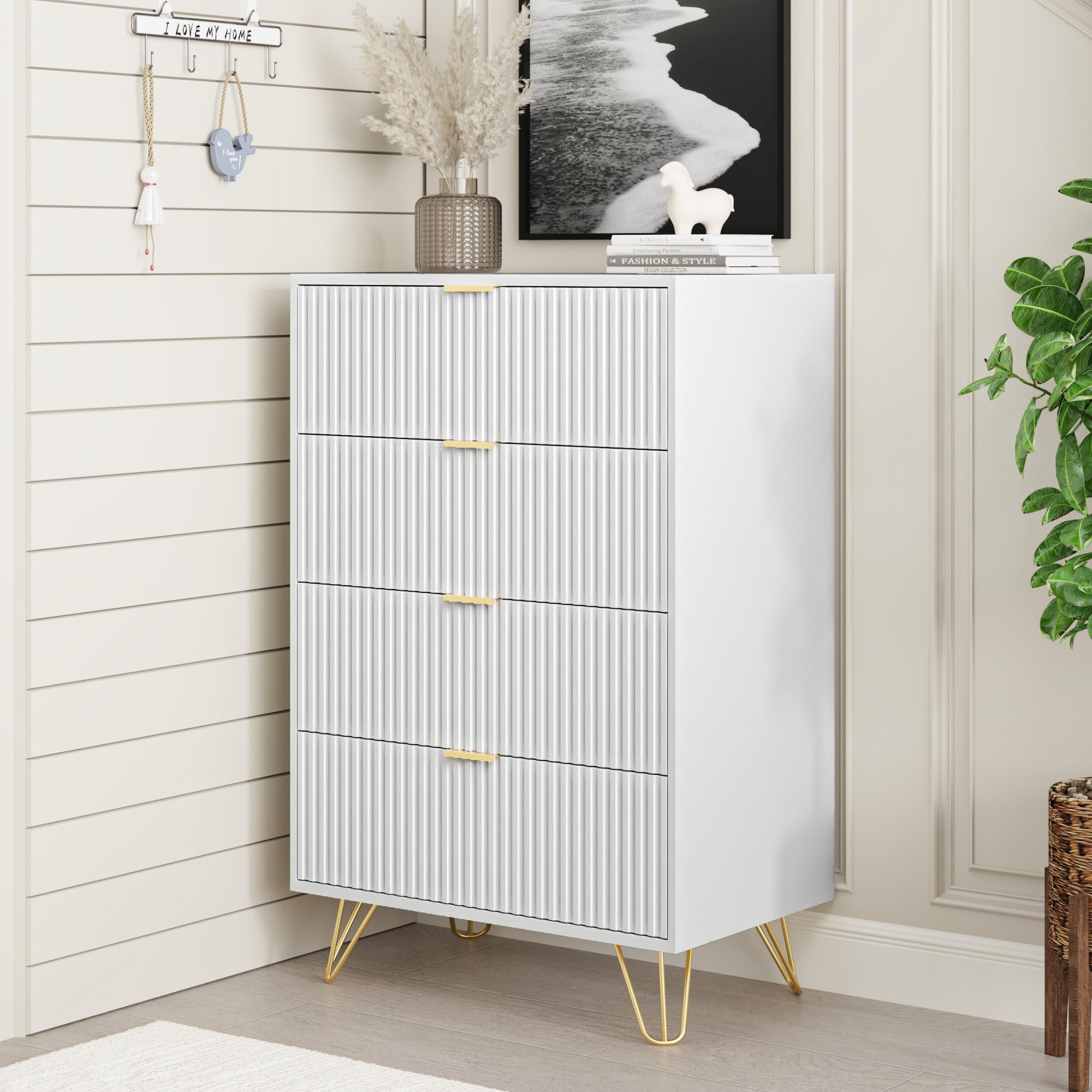 MAISONARIA White Dresser for Bedroom, Modern Dresser with Gold Metal Handles & Chests of Drawers