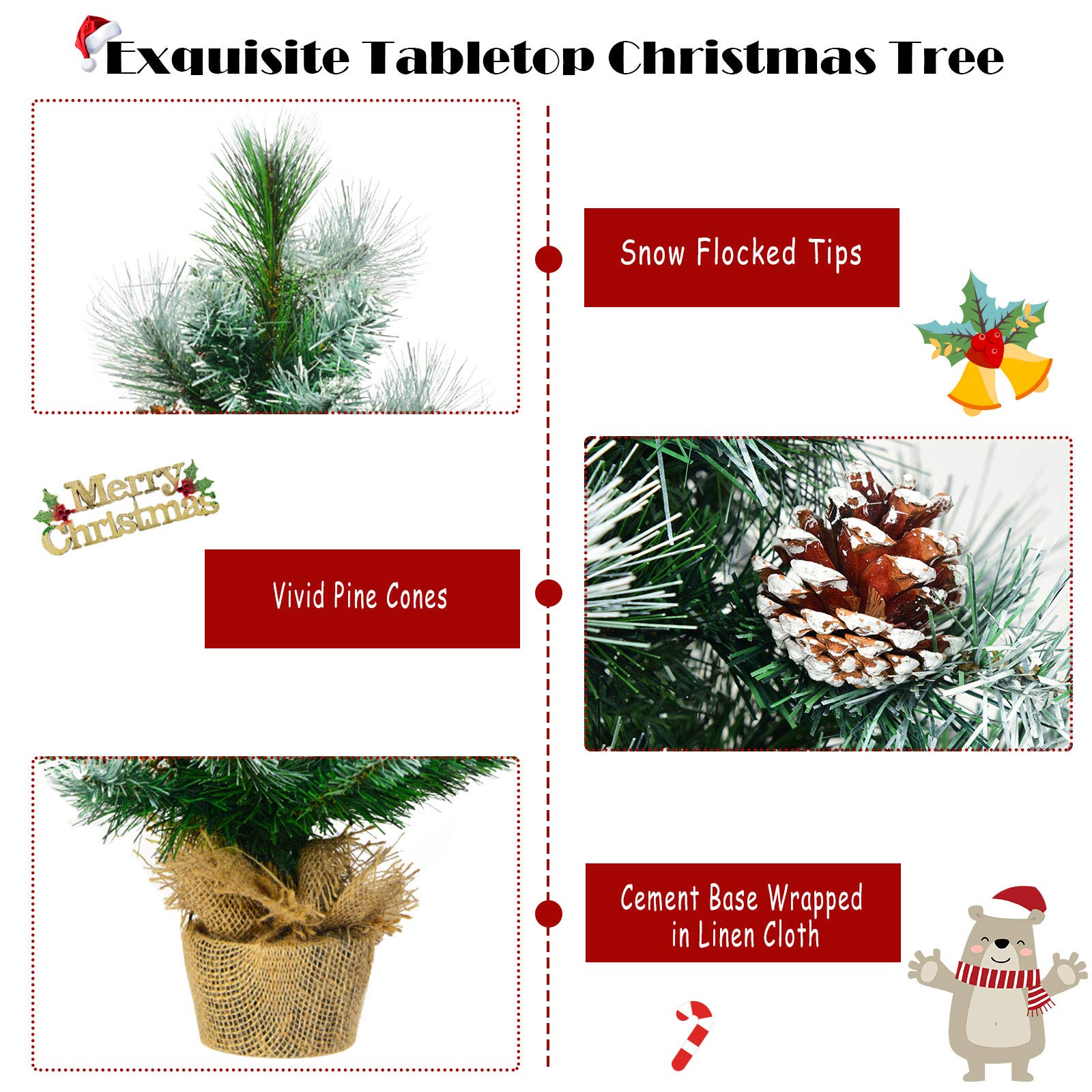 Árbol de Navidad 2 pies/60 cm, pequeños árboles Artificiales con piñas y Base, decoración navideña for Camino jardín Mesa Interior(Green+White)
