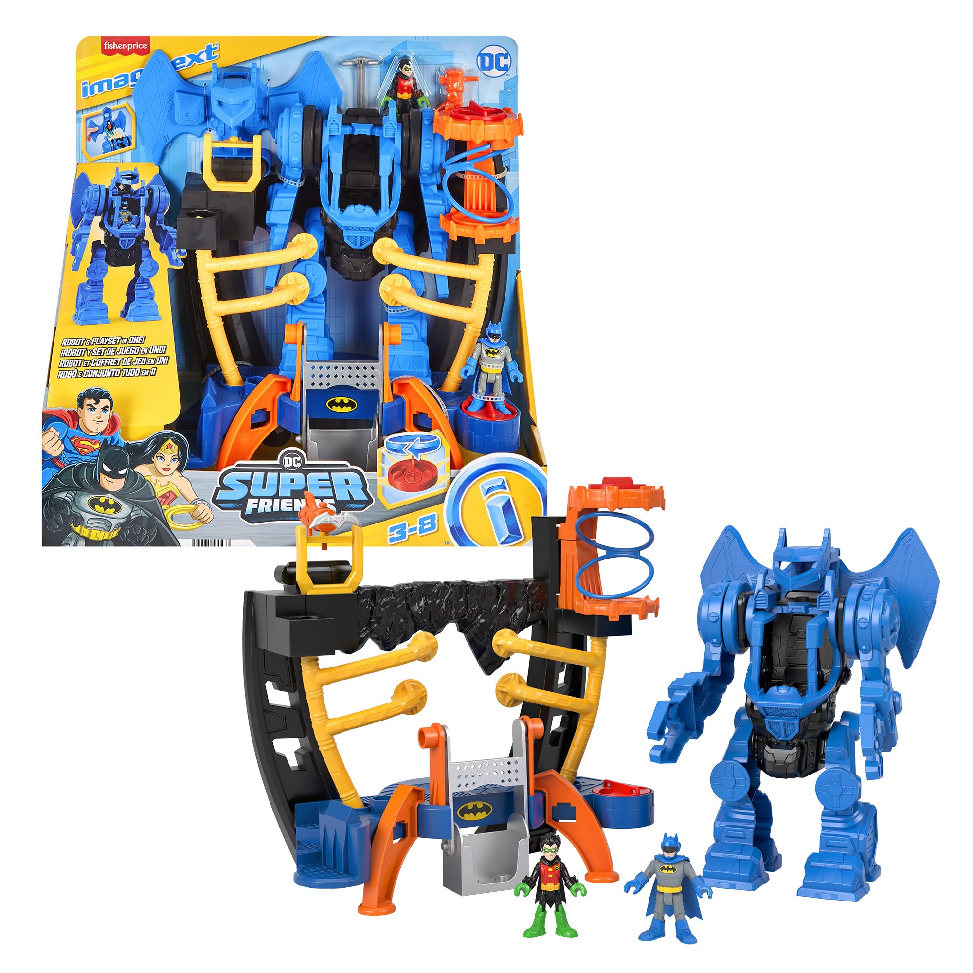 Fisher-Price Imaginext DC Super Friends Batman Robocentrum dowodzenia Zestaw do zabawy z odczepianym robotem (25 cm) oraz figurkami Batmana i Robina, dla dzieci od 3 roku życia, HML02