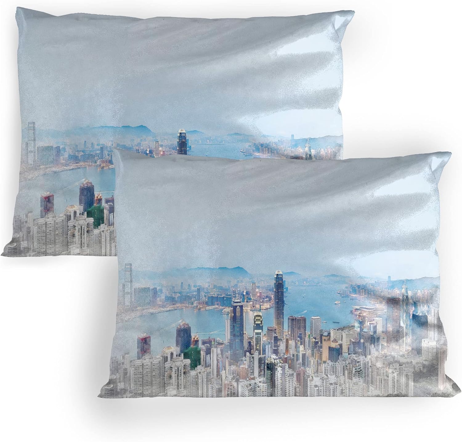 Lunarable Urban Pillow Sham Set of 2, Bird's Eye View of Hong Kong in China and The Morning Sky Illustration, Quality Microfiber Bedding Item for All Seasons, 26" x 20", Pale Blue and Coconut