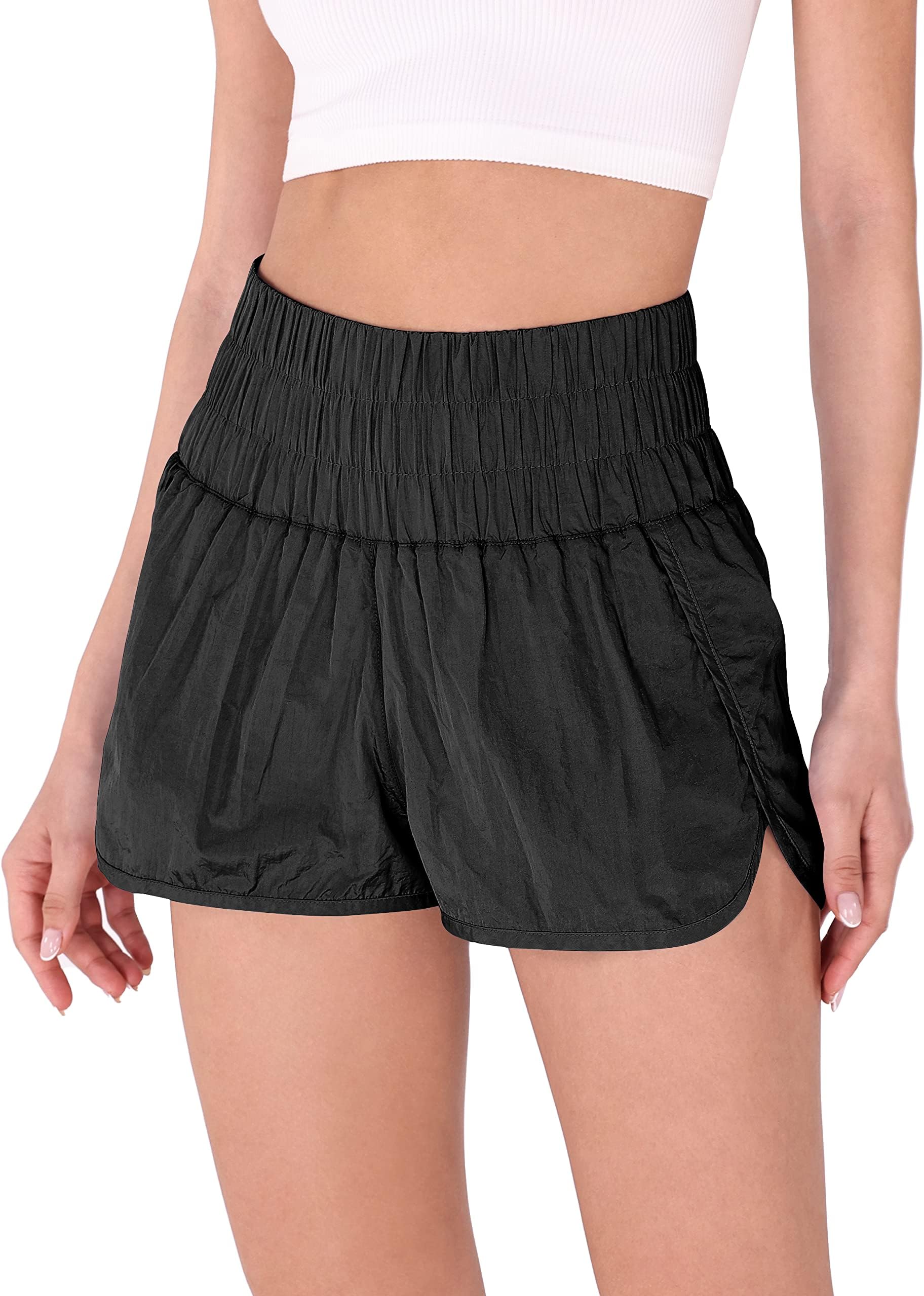 ODODOSGoto Athletic Shorts for Women Elastic High Waisted Quick Dry Sports Casual Workout Running Shorts Mesh Back Pocket