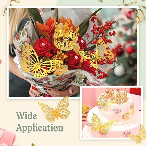Miniatura 5 de FairySandy 12 hojas de papel de regalo para ramo de flores, impermeable, con 200 alfileres de flores, 4 coronas para tartas, 48 mariposas doradas