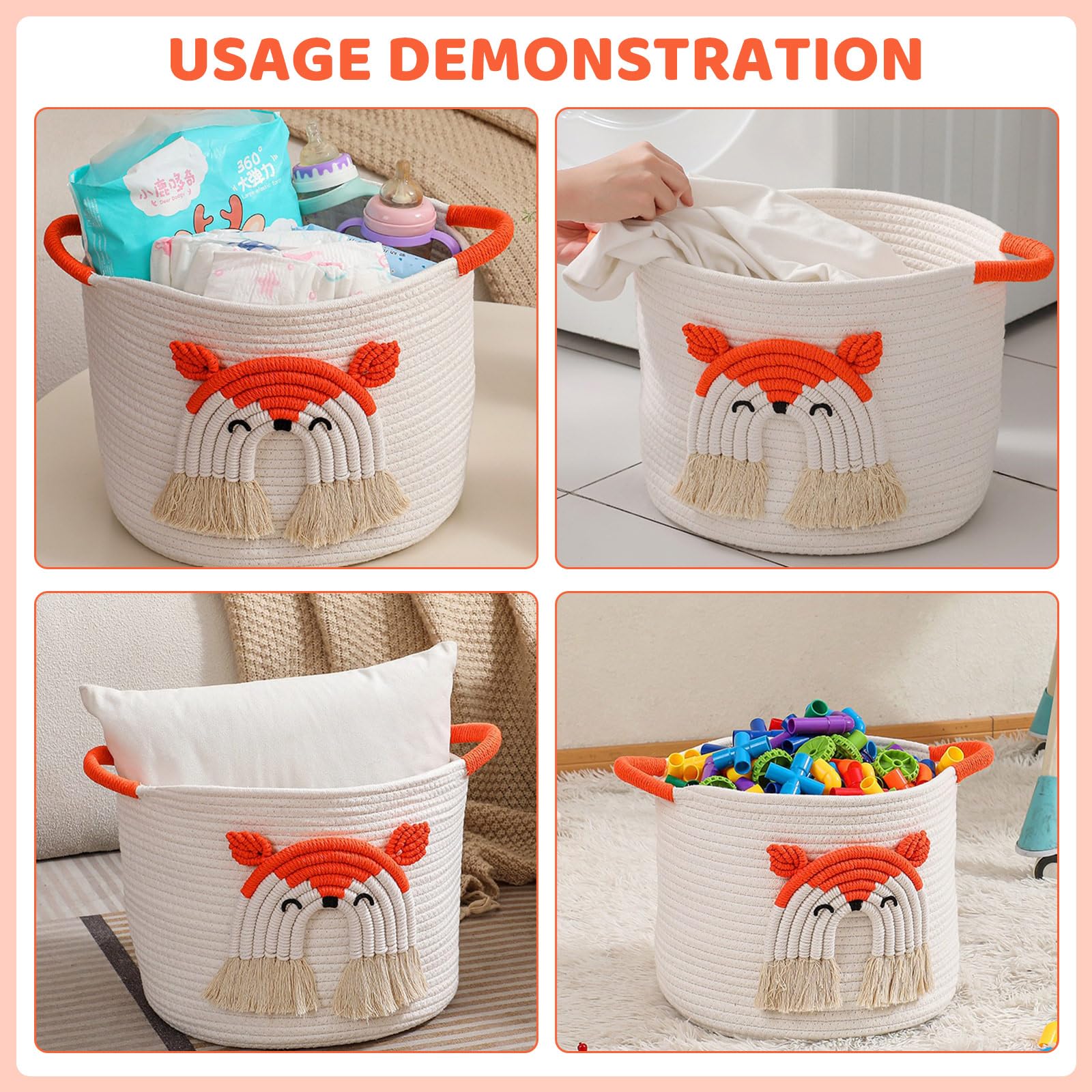Toy Storage Basket Woven Cotton Rope Cute Cartoon Design, Multifunctional Storage with Handle, Ideal for Kids Pets, Nursery - Image 3
