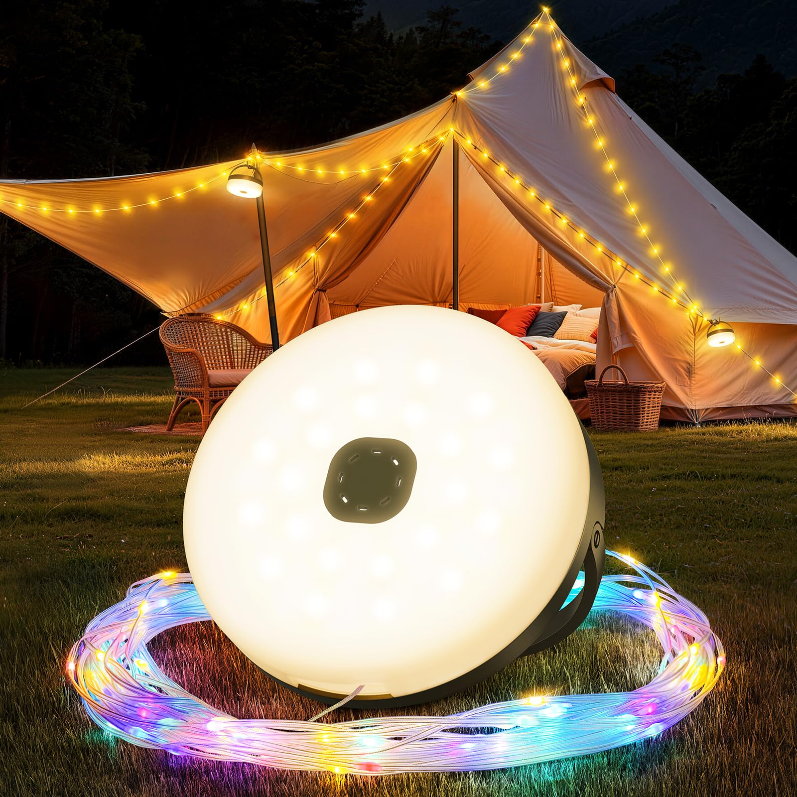 FOMYHEARD Camping Lichterkette Aufrollbar, Tragbare 4 in 1 Lichterkette Außen Camping Gadgets 10M 13 Beleuchtungsmodi Wasserdicht Lichterkette USB Aufladbar Camping Licht für Hof, Wohnmobil, Wandern