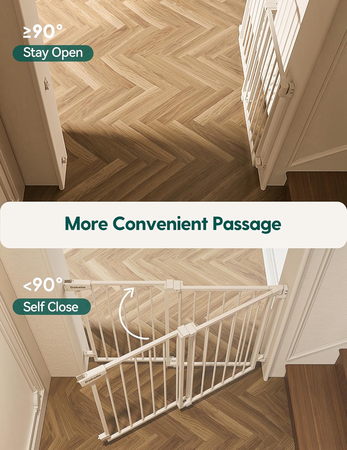 Babelio 29.7-46.5 No Bottom Bar Baby/Dog Gate for Stairs, House and Doorways, Auto Close Safety Pet Gates with Large Walk Thru Door, Hardware Mount, White