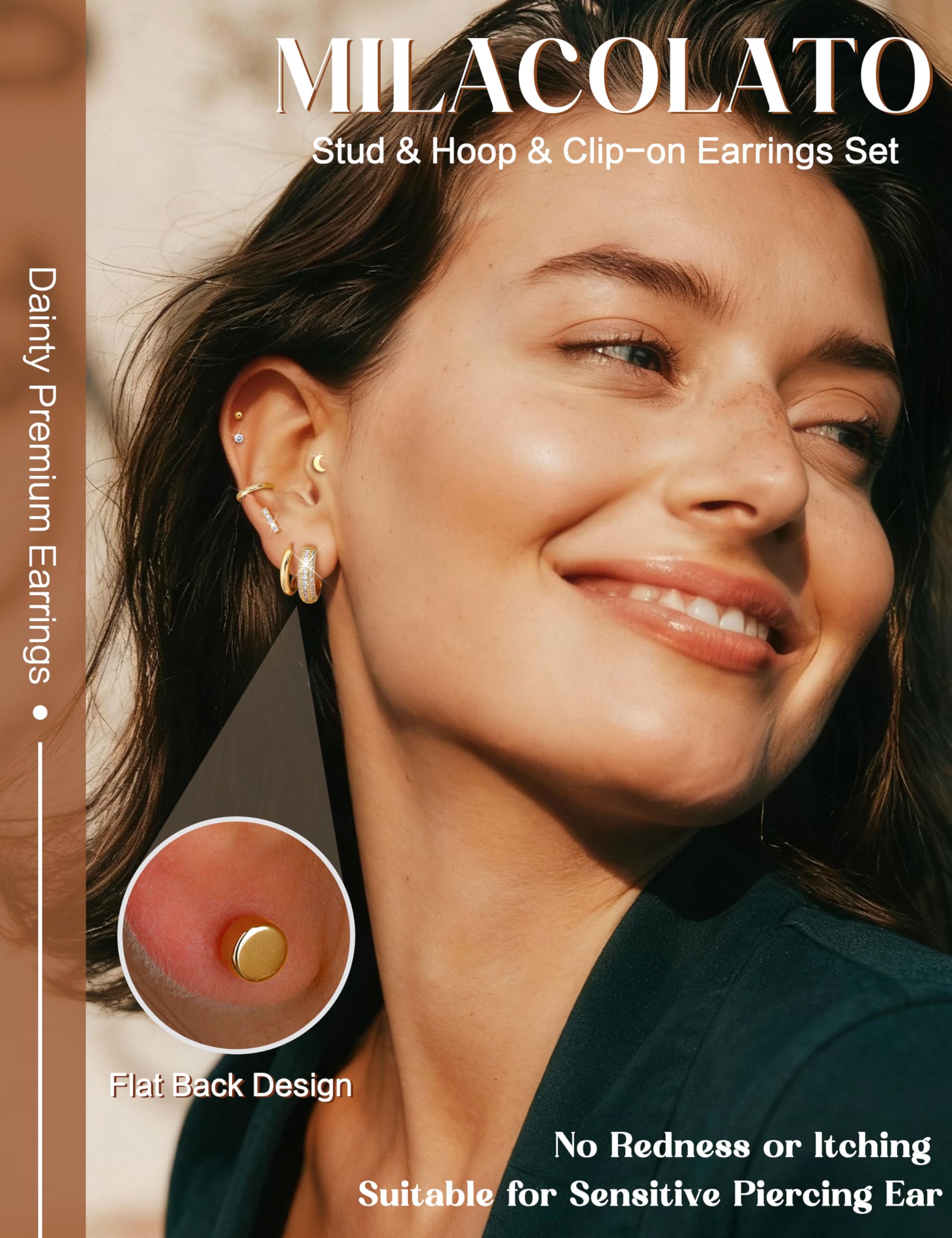 MILACOLATO Orecchini Acciaio Chirurgico Donna Oro Argento Orecchini Anallergici Cerchio Helix Piercing Trago Set Gioielli Donna Placcati Oro 14K per Piercing Multipli