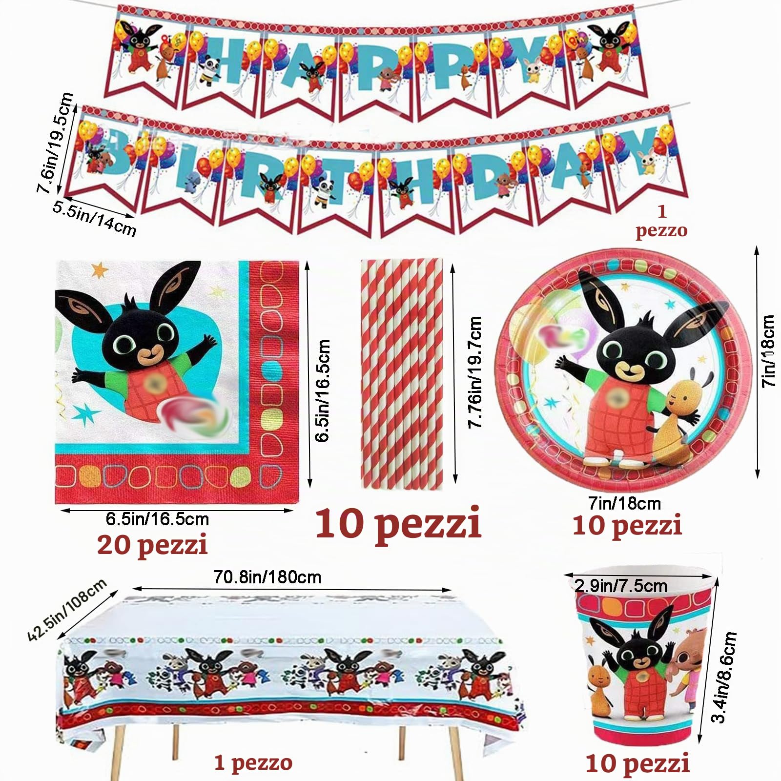 Bing Compleanno 1, 101 Pcs Stoviglie esta C-ompleanno, Bing Decorazioni per la tavola del C-ompleanno del Coniglietto, Piatto Bandiera Tovagliolo Tazza Tovaglia per Feste