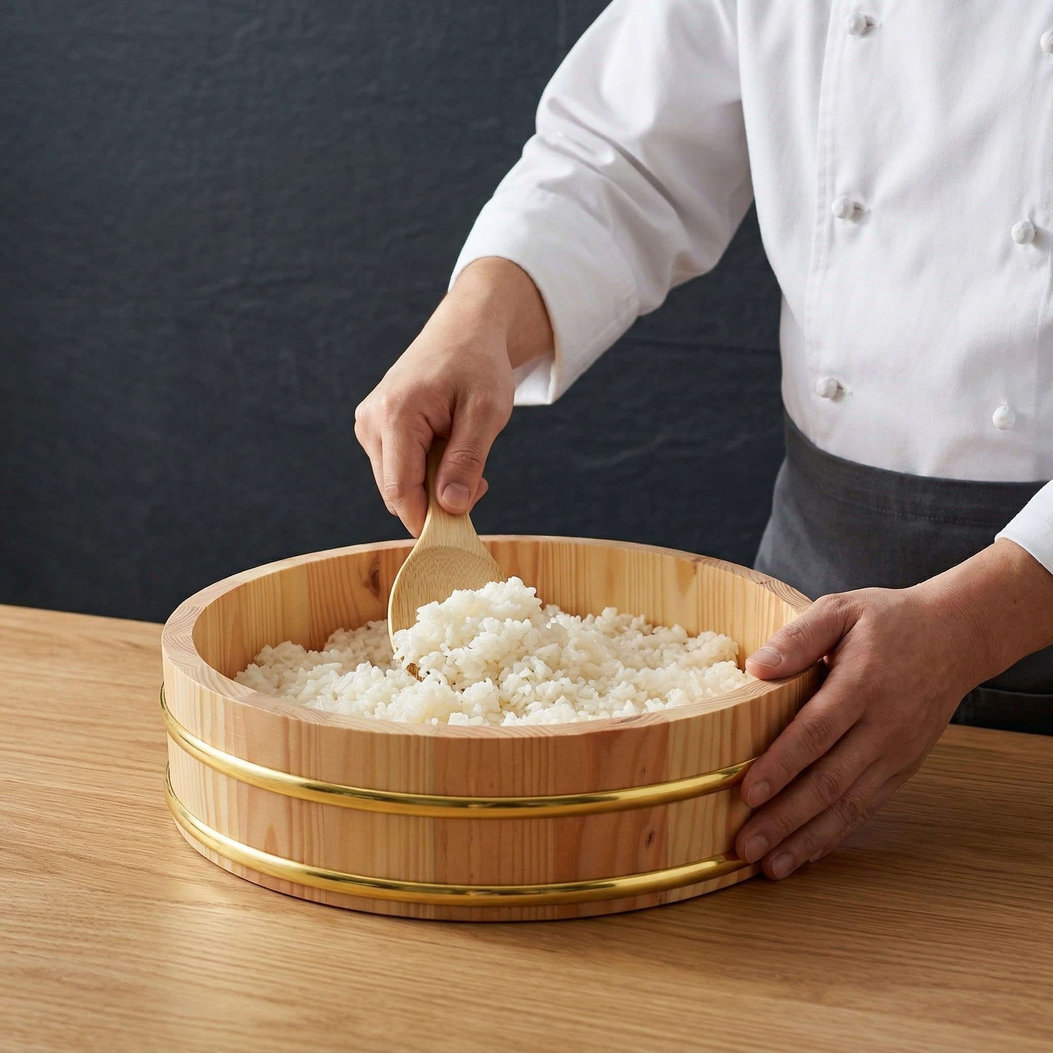 IMIKEYA Bol à Riz à Sushi en Bois avec Bord Doré Élégant, Lot de 2 Pièces, Solide Renforcé Texture Optimale du Riz, pour Service de Sushi en Restaurant