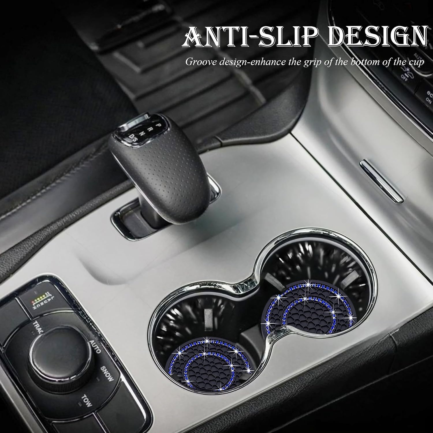 2PCS Bling Crystal Rhinestone Cup Holder Coaster, 2.75 inch Soft Silicone Anti-Slip Shockproof, Car Cup Holder Insert Coasters, Universal Car Interior Accessories for Women (Black & Blue)