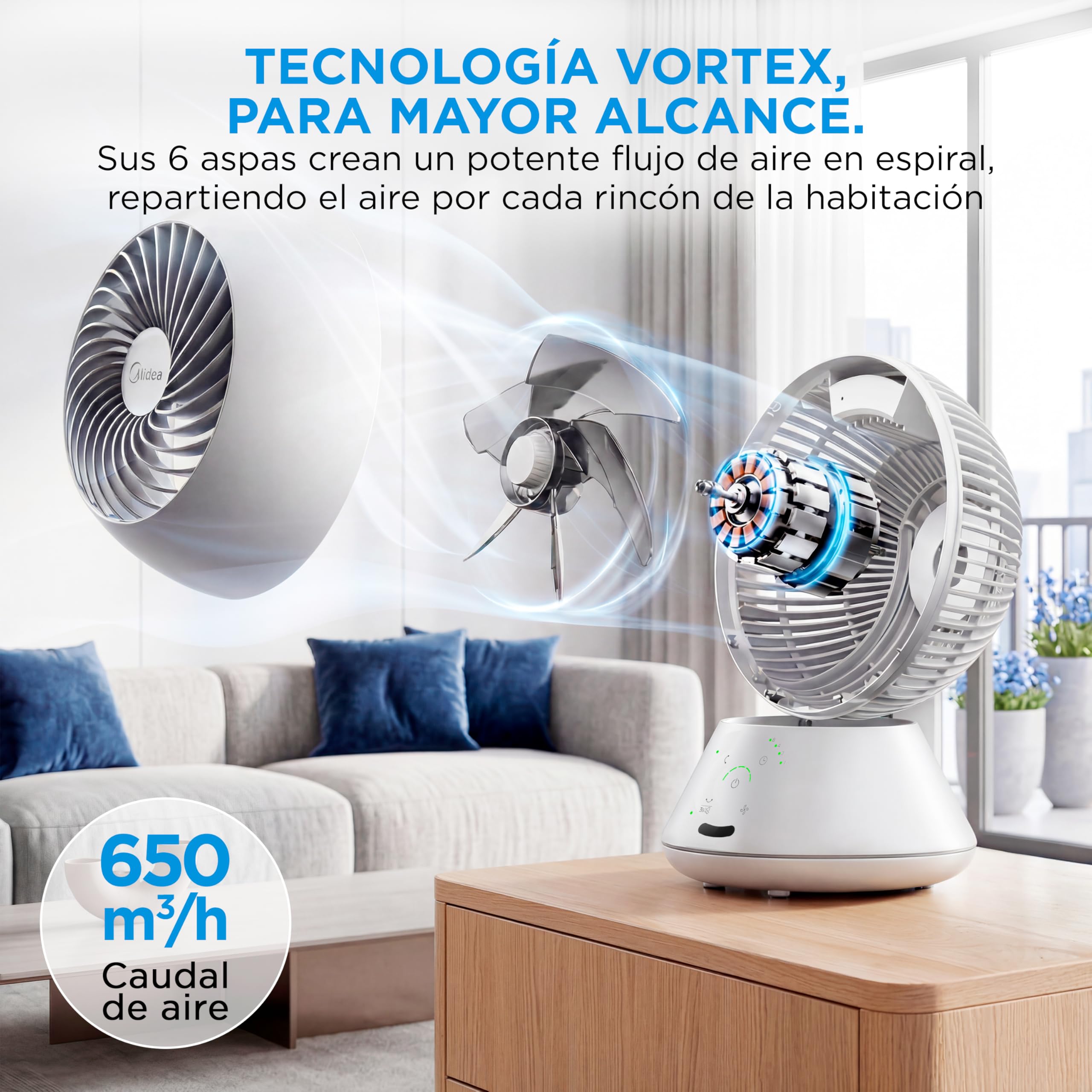 Midea Ventilador de Mesa Silencioso de 5 Velocidades con Mando a Distancia - Ventilador Pequeño Portatil con Oscilación Automática 120º + 105º, Temporizador de 15 horas - Alcance de hasta 15 metros