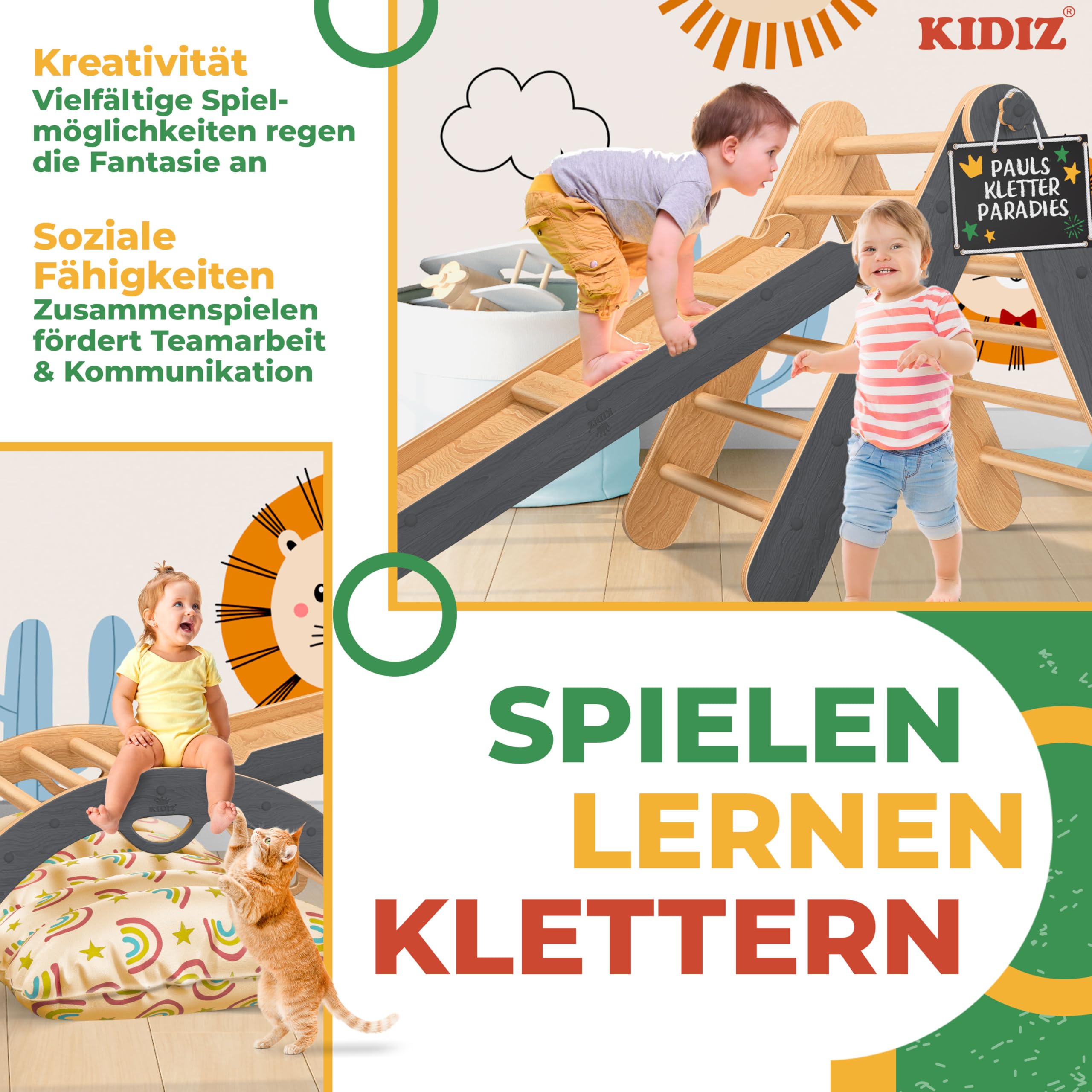 Kidiz® Klettergerüst Montessori 7in1 Spiel-Set mit Kletterbogen Rutsche Kletterdreieck aus Holz inklusive Kissen, Tafel & Lern-Uhr | Indoor Spielplatz für Kleinkinder ab 1 Jahr & Kinder bis 3 Jahre