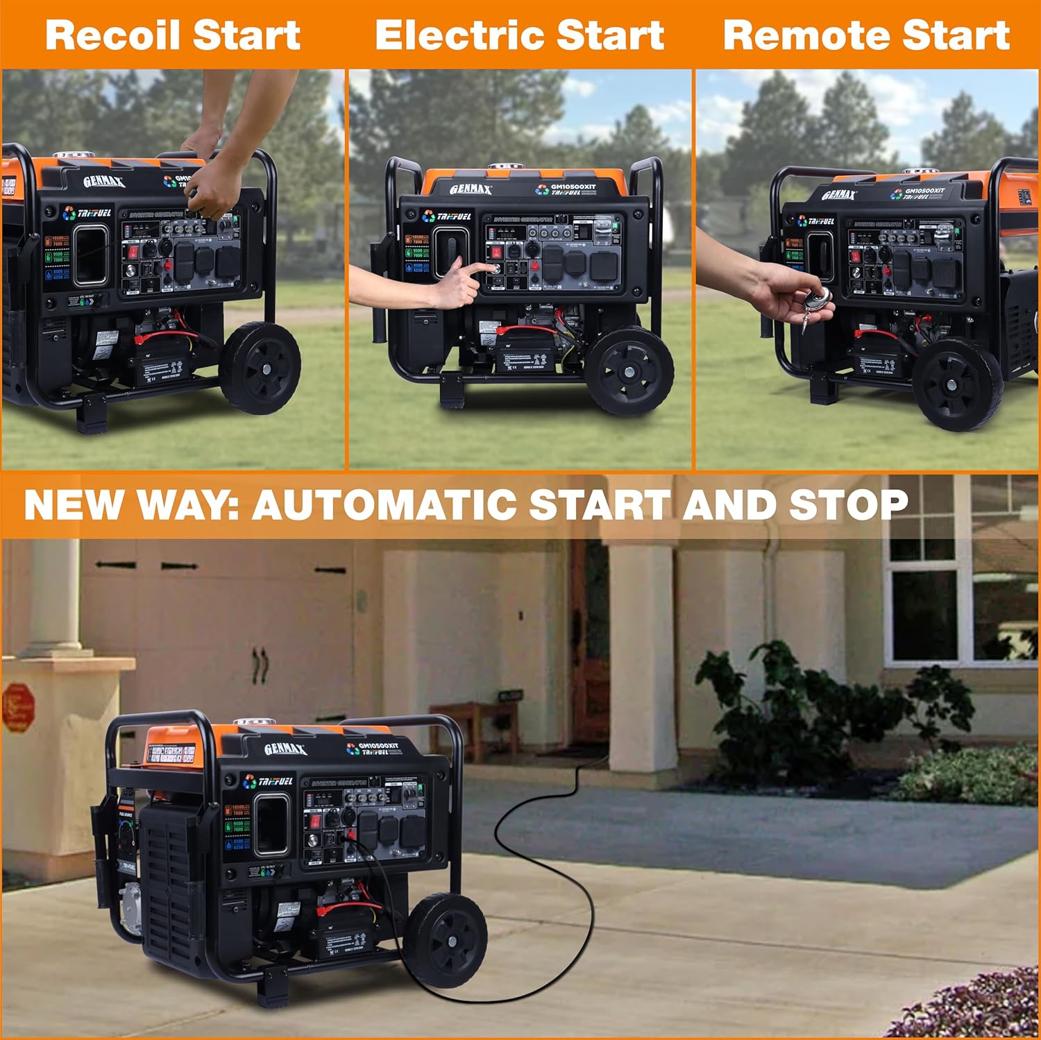 Image showing recoil start, electric start, and remote start options for the generator.