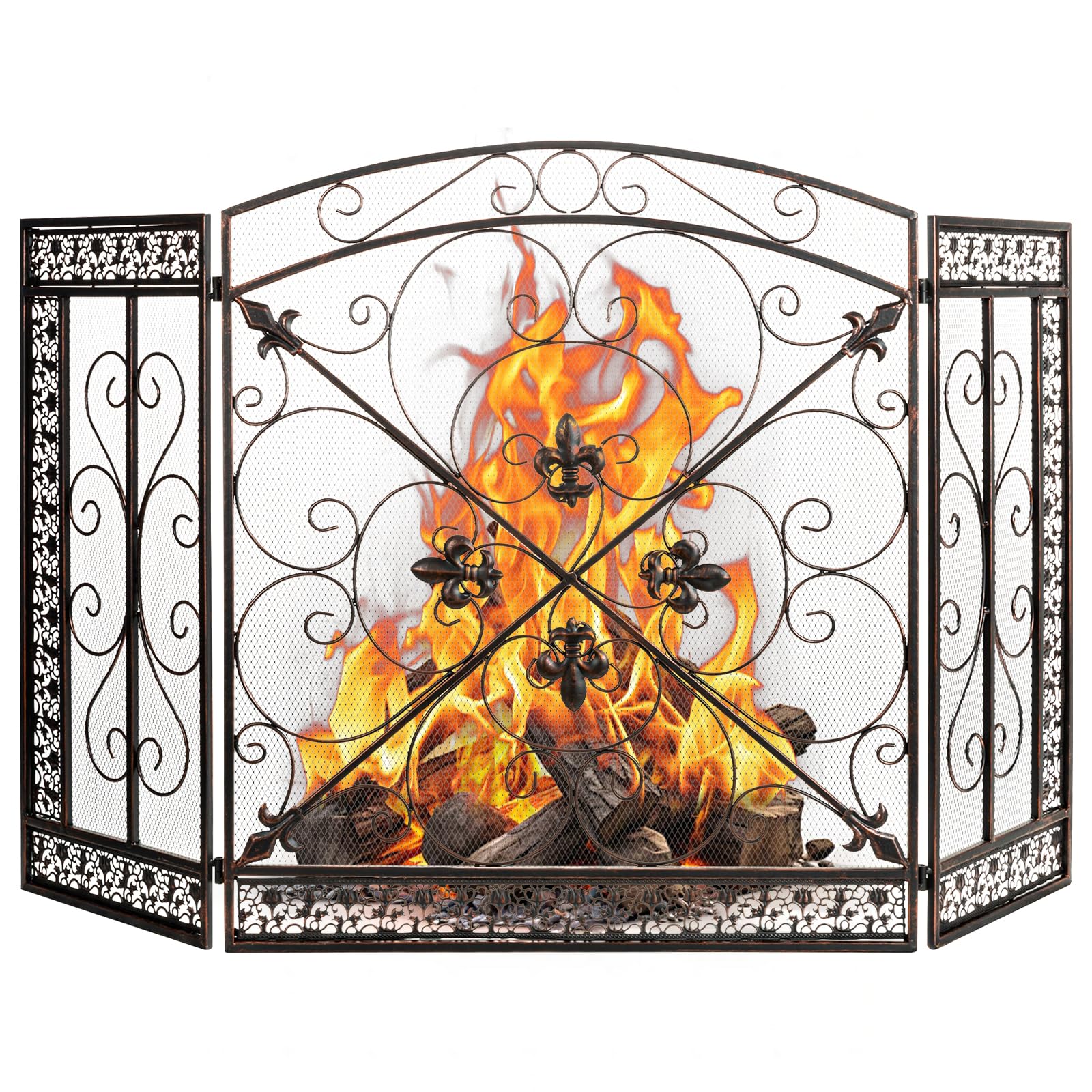 WICHEMI 3 Panel Fireplace Screen for Fireplace Gate Decorative Fireplace Screens Stand Alone 52.4 x 31inch Wrought Iron Black Metal Spark Guard Fireguards Mesh Cover Fence Fire Place Cover (Bronze)