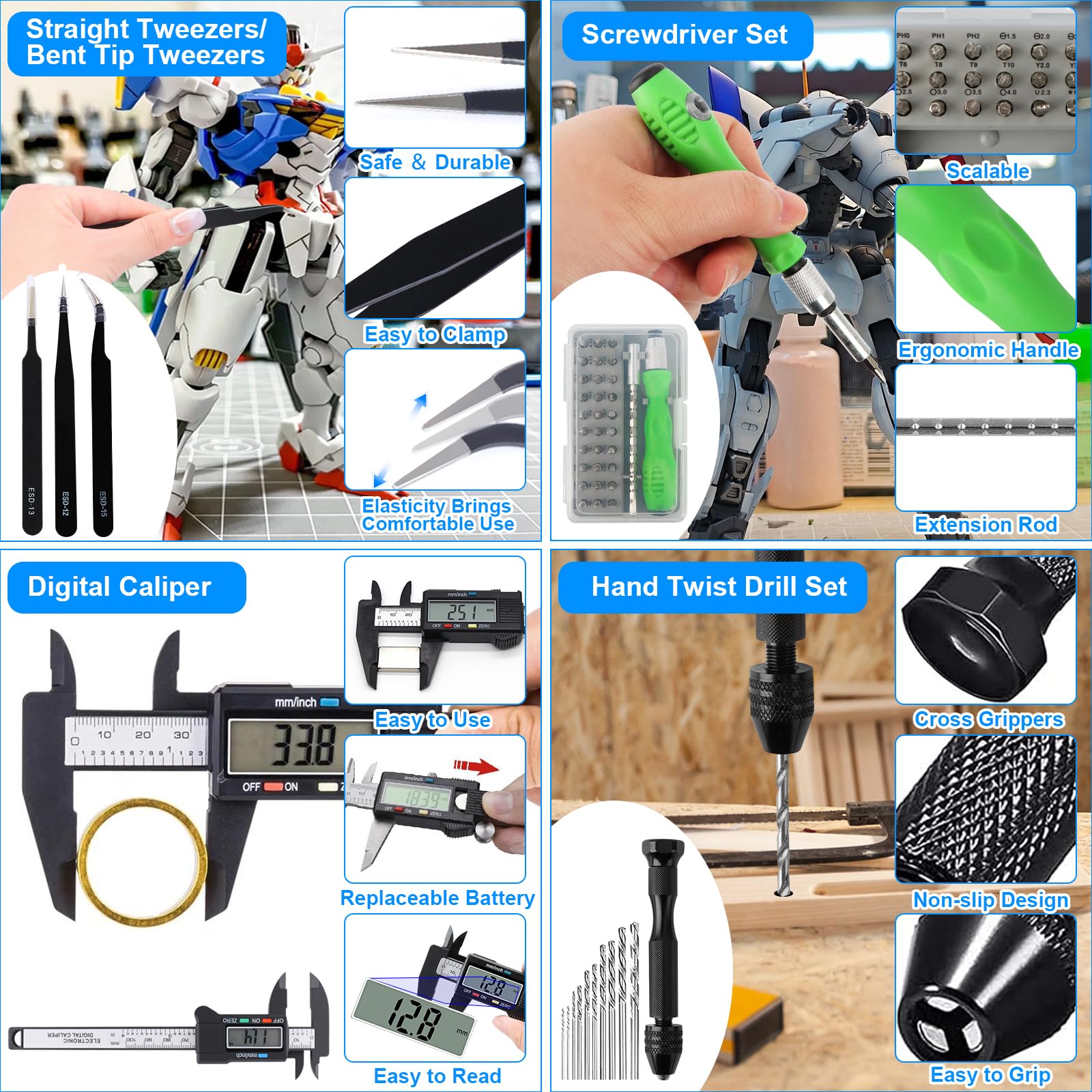 QLOUNI – Kit D’outils De Modélisme Gundam – 24 Pièces – Cutter, Pinces, Limes, Tournevis – Pour Maquettes, Robots, Voitures – Débutant Et Confirmé