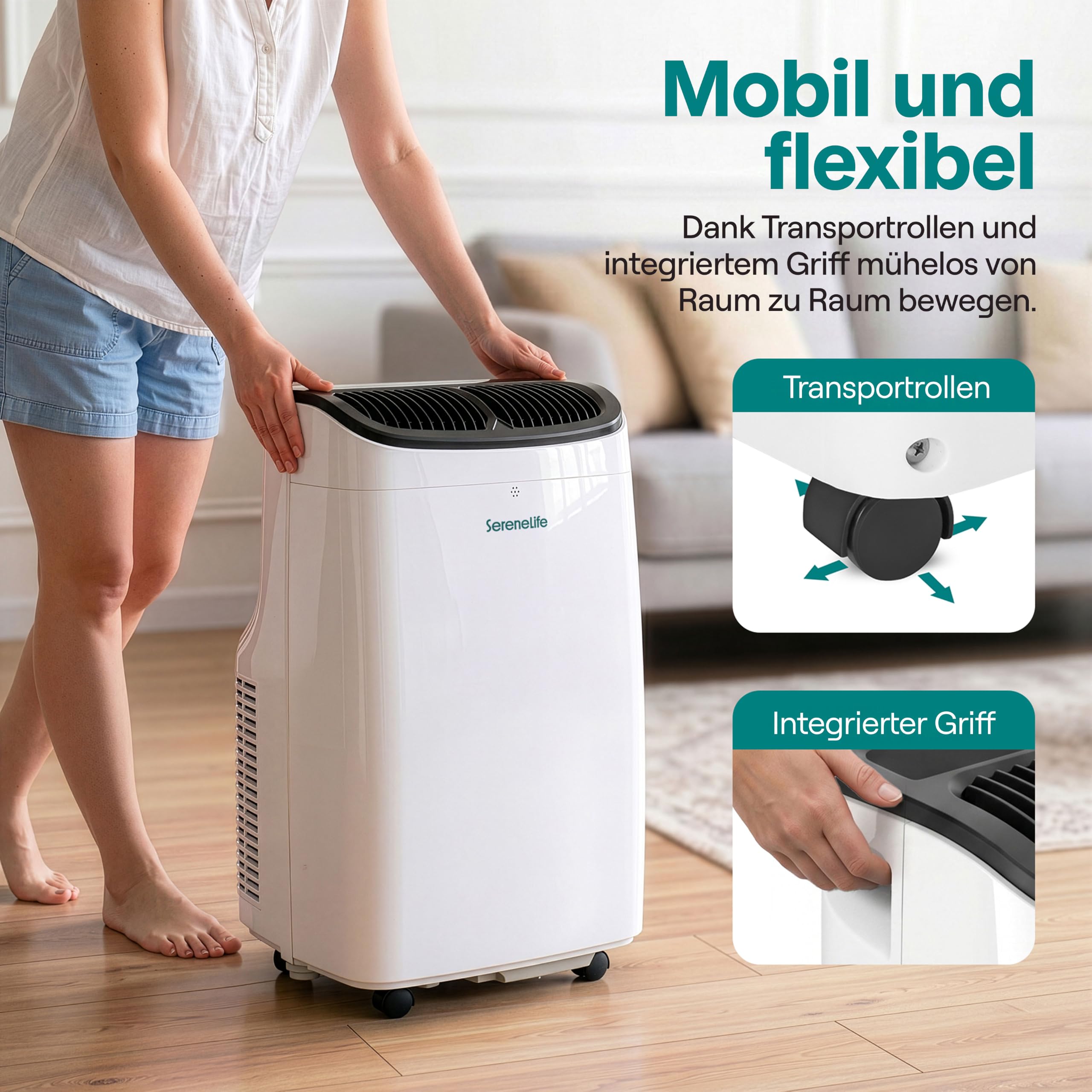 SereneLife Klimaanlage Mobil 7000 BTU – Kleine Klimaanlage für Zimmer bis 20 m² | Kühlung, Entfeuchter & Ventilator | 49 dB