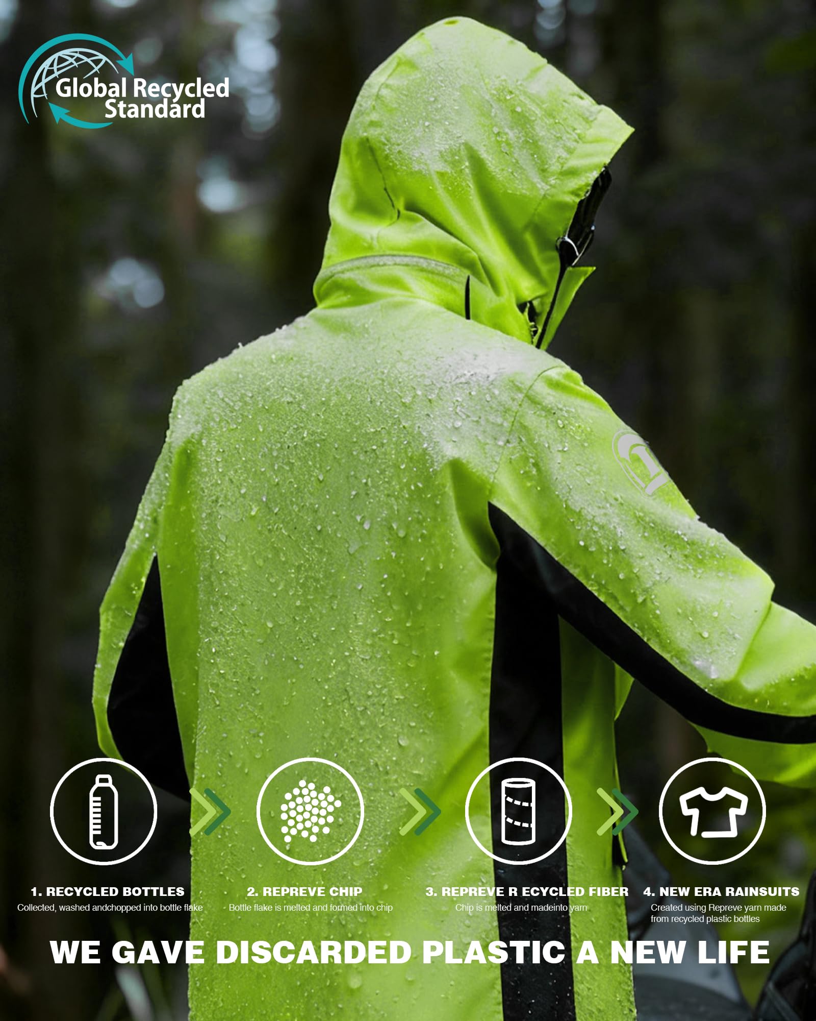 IRON JIA’S Regenanzug Herren Motorrad Regenjacke Wasserdichter Winddicht Atmungsaktiver Reflektierender mit Kapuze mit Reißverschluss Hochwertige Outdoor Regenmantel-Grün-XXL