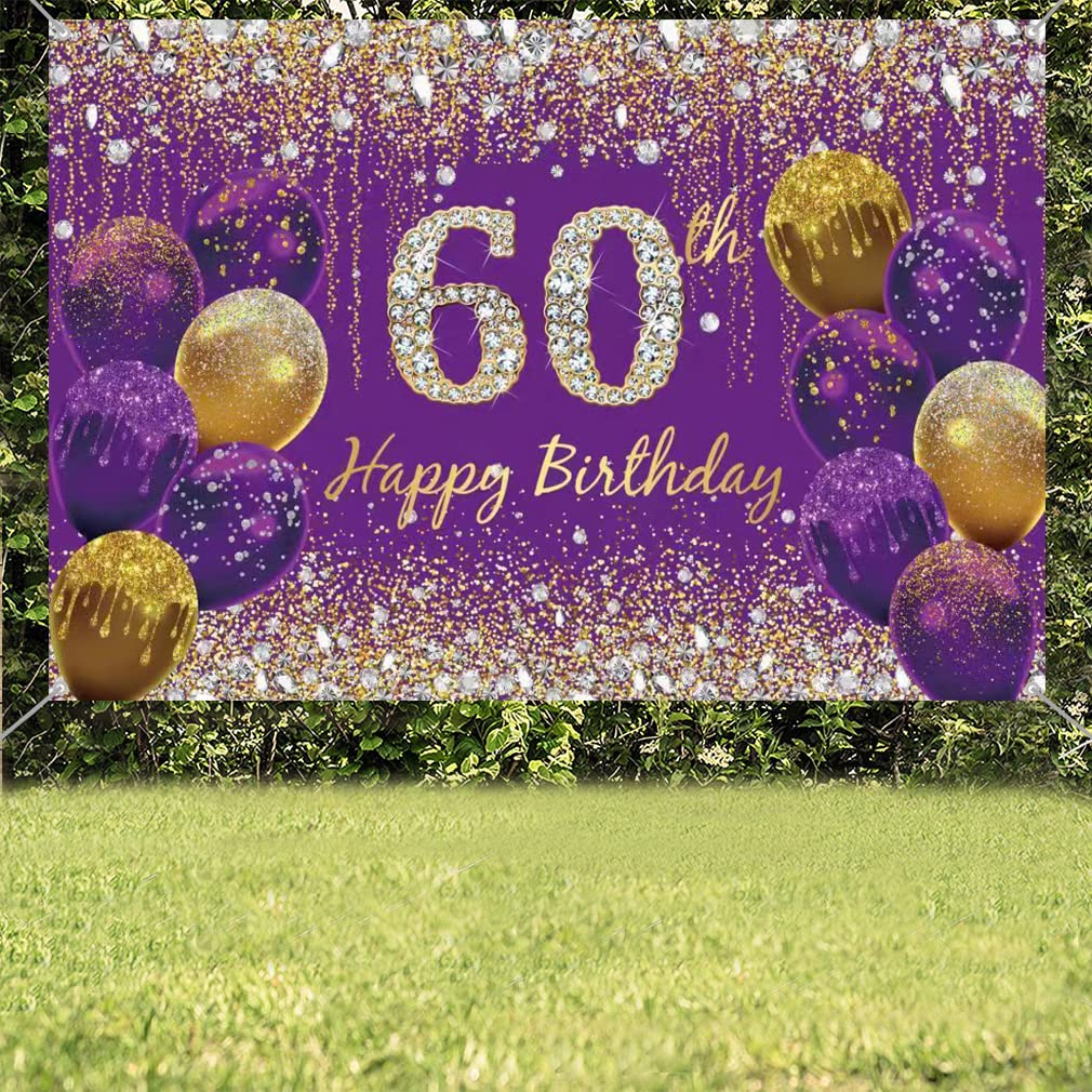 I'M 60 ES Banner, Pre-Strung,Purple Glitter Paper Banner Sign Garlands...
