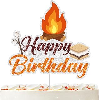 S'more Birthday Party Cake Topper Bonfire Camping Happy Birthday Cake Pick Decoration for S'more Themed Camping Campfire Camper Birthday Party Supplies