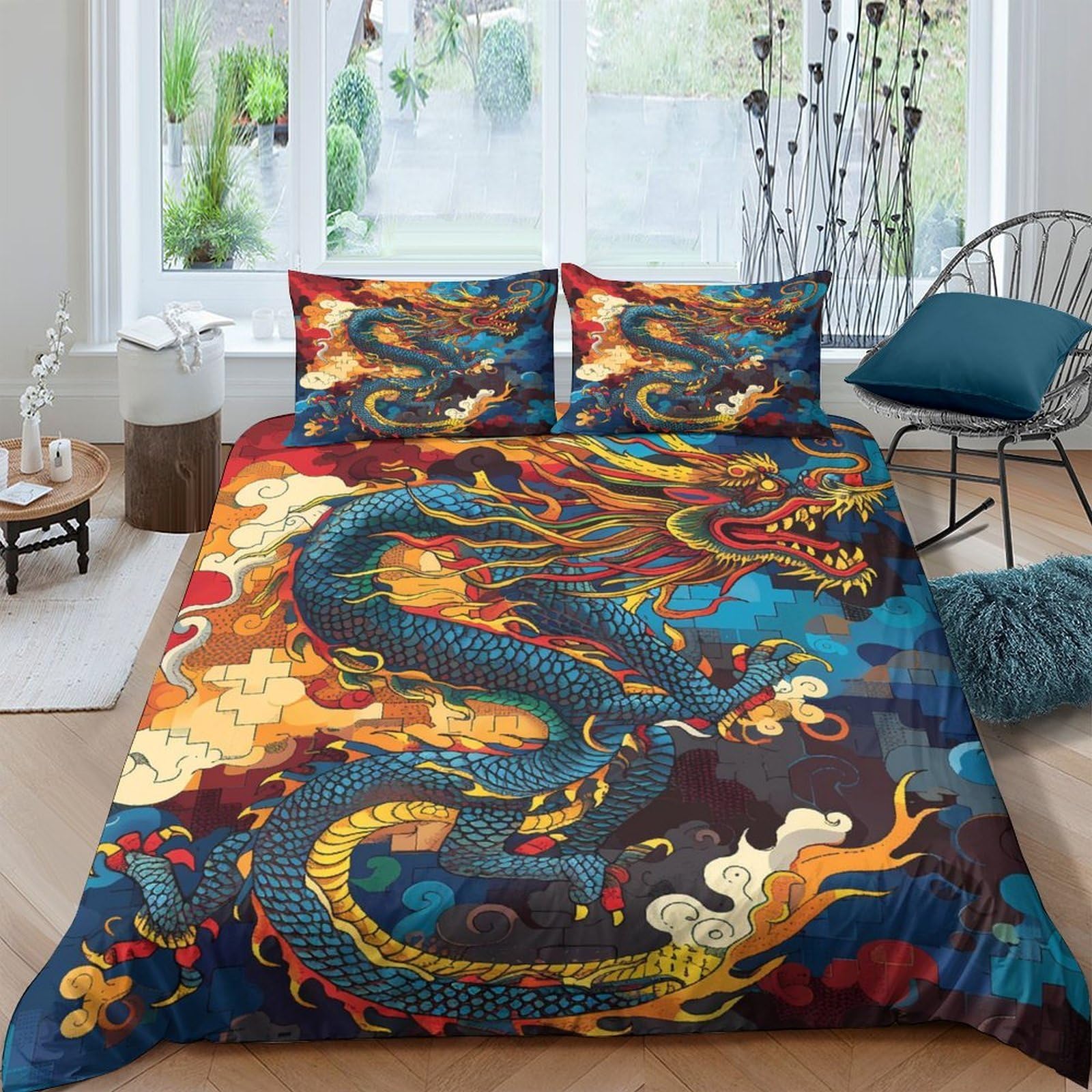 Ctjqhvkz Style-4 3D Printed Dragon Fire Fitted Sheet Microfiber Vibrant Blue Red Asian Art Mattress Cover Bedroom Decor Single（135X200cm）