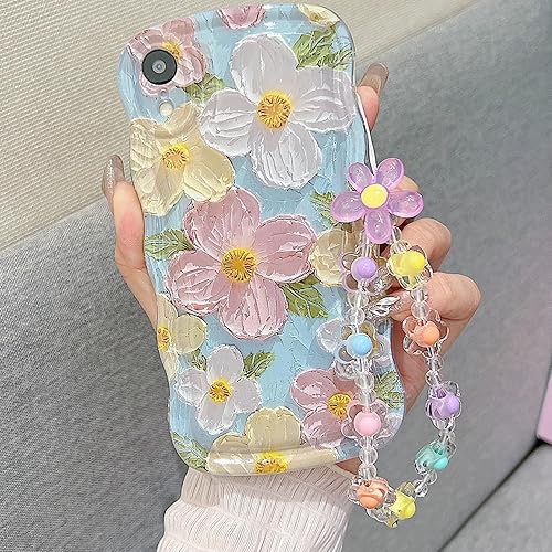 Miniatura 23 de para iPhone 13 Mini Funda rizada ondulada, linda funda protectora de pintura al óleo retro colorida con patrón de flores brillantes [con cadena de