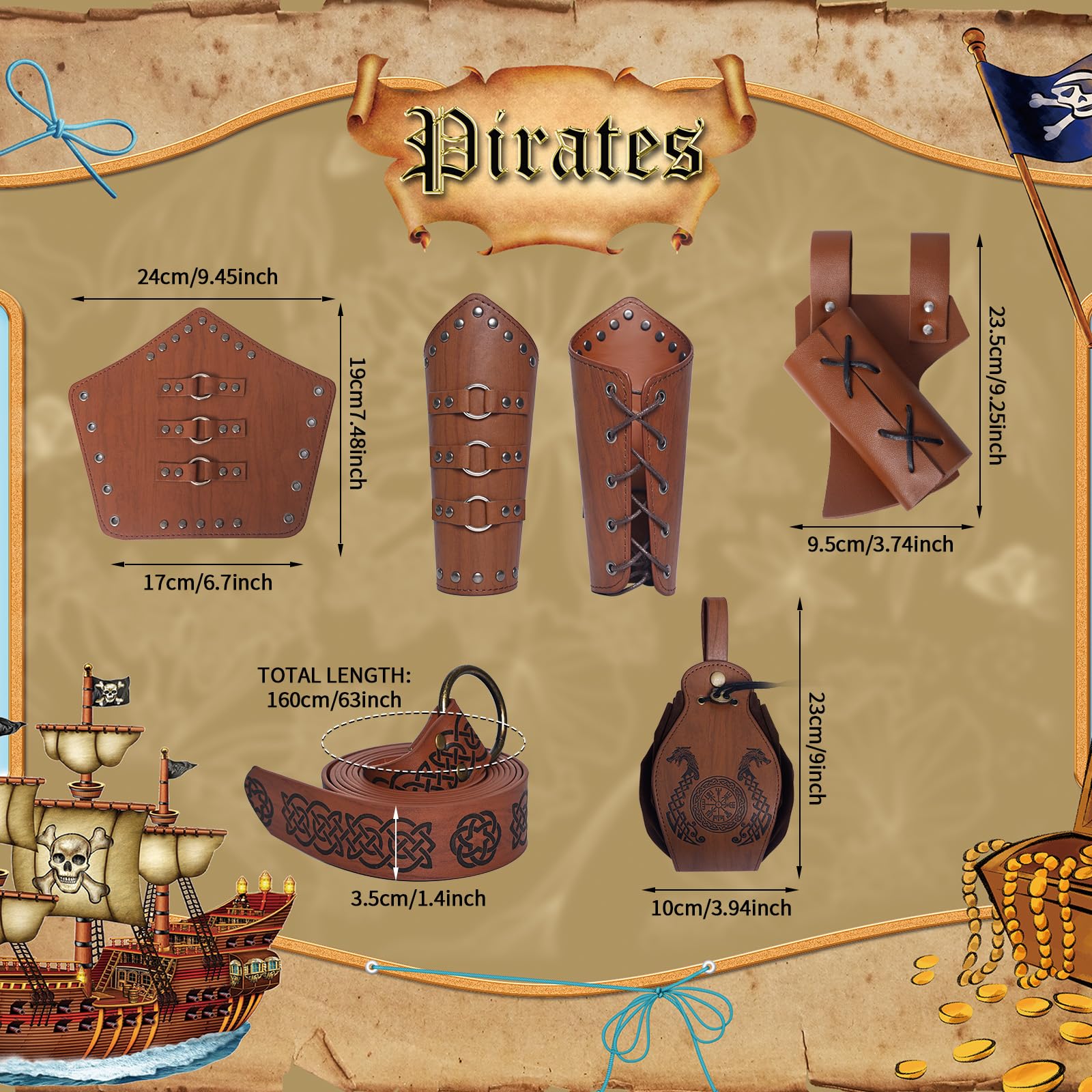 Średniowieczna odzież męski kostium wikingów zestaw z męskim średniowiecznym piratem, średniowieczne spodnie z męskimi ochraniaczami na ramiona / pasem rycerza / retro piracką złotą torebką na monety