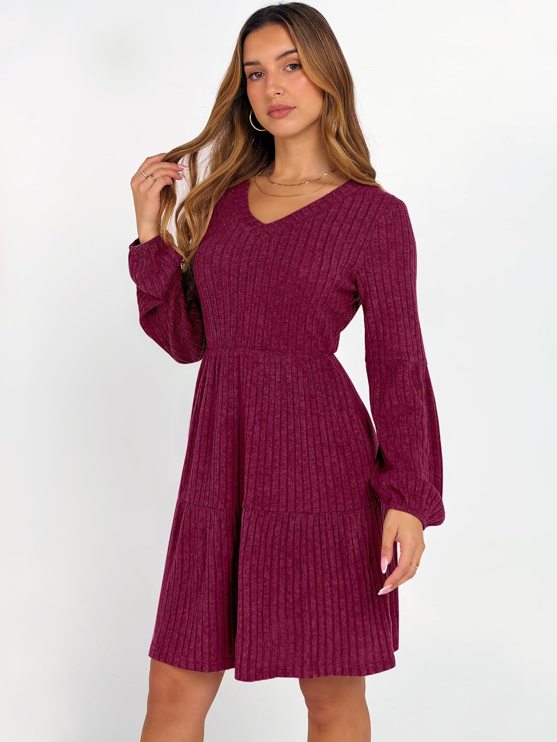 ANRABESS Women's Long Lantern Sleeve Ribbed Knit Dresses V Neck Casual 2025 Fall Winter Flowy Swing Tunic Sweater Short Dress - Image 3