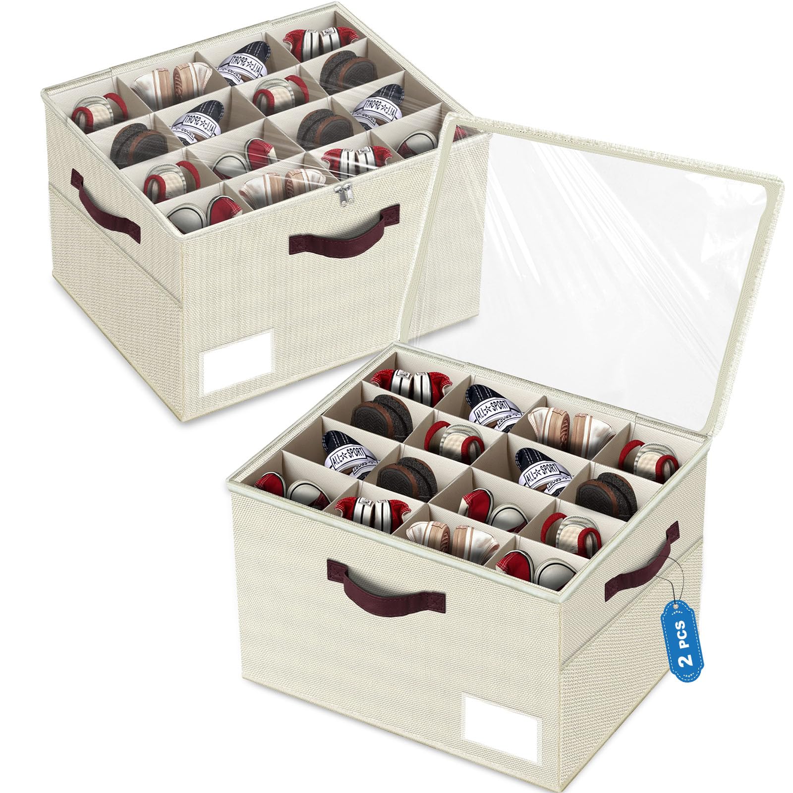 2 Pack Large Shoe Organizer for Closet, Adjustable Dividers Shoe Storage Bins Boxes, Foldable Shoe Holder Cube Containers with Clear Cover for Men’s shoes, High heel,Sneaker,Slippers,Boots(Beige).
