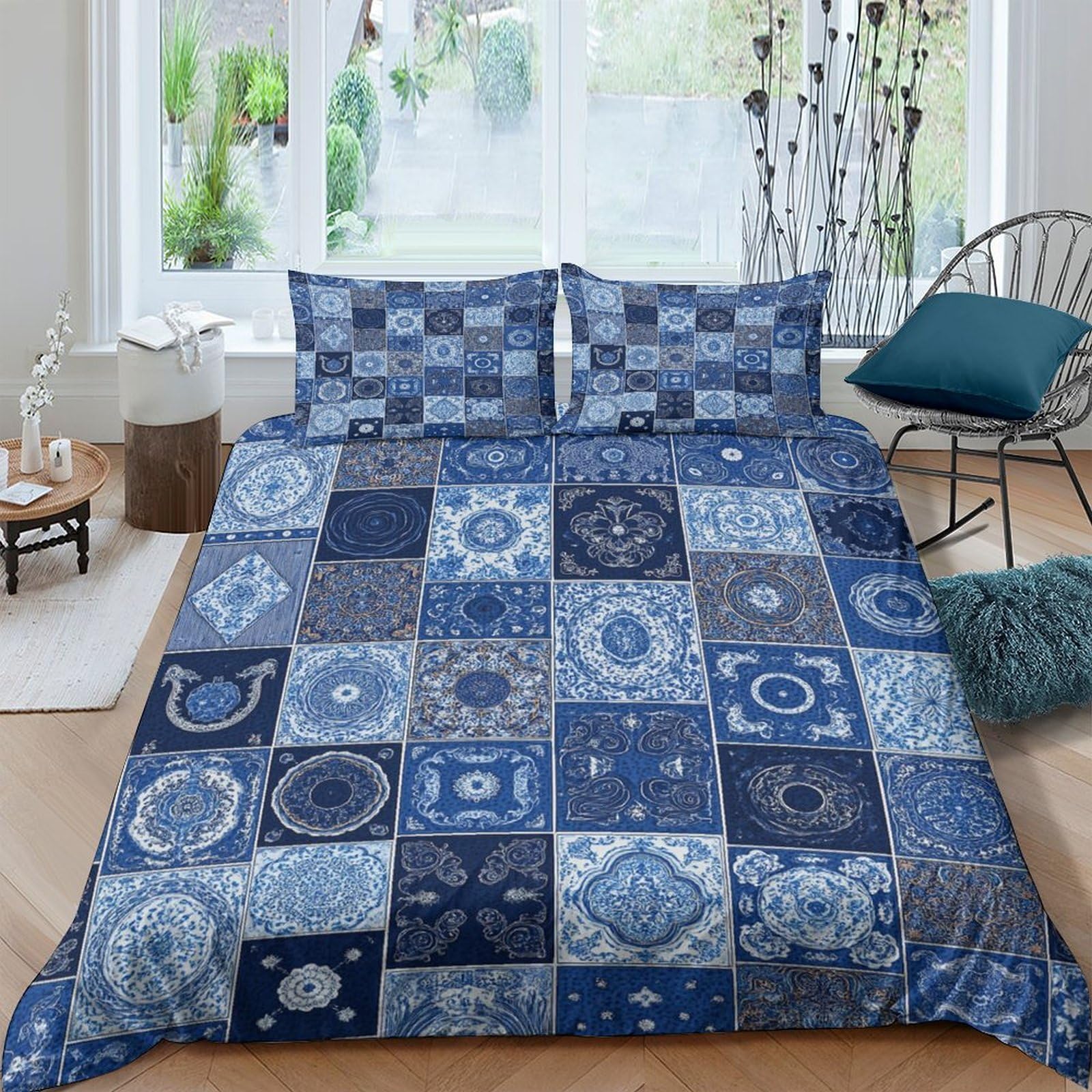 Ctjqhvkz Style-9 3D Printed Blue Mosaic Fitted Sheet Microfiber Soft Breathable Geometric Tile Mattress Cover For Bedroom Dorm Easy Care Single（135X200cm）