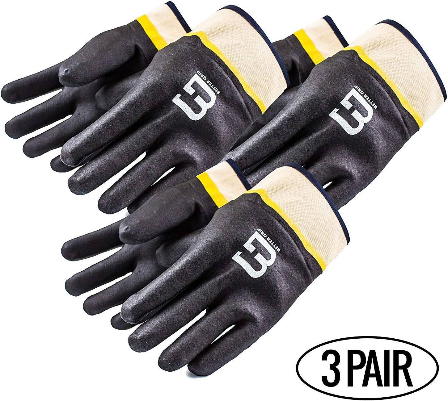 BG105BLK Heavy Duty Premium Sandy finished PVC Coated-Supported Glove with Safety Cuff, Chemical Resistant, Large, Fluorescent Black/Yellow (3 Pairs)