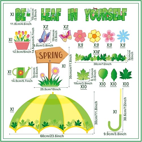 Miniatura 2 de TaoBary Juego de 83 piezas de bordes de tablón de anuncios de primavera, hojas y flores, paraguas, recortes, decoración de tablón de anuncios de