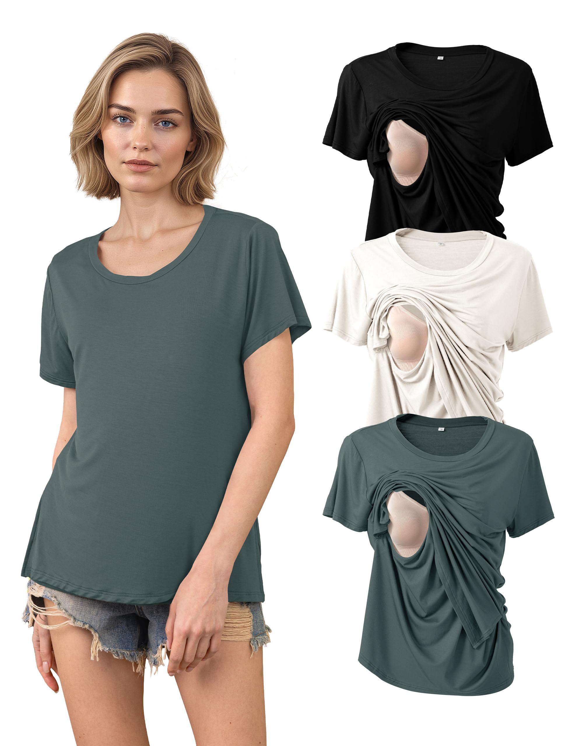 SUNNYBUY Still T-shirty, zestaw 3 sztuk, koszulka do karmienia z krótkim rękawem dla kobiet | Wygląda jak normalny T-shirt, dyskretny okres karmienia piersią, ciąża i karmienie piersią