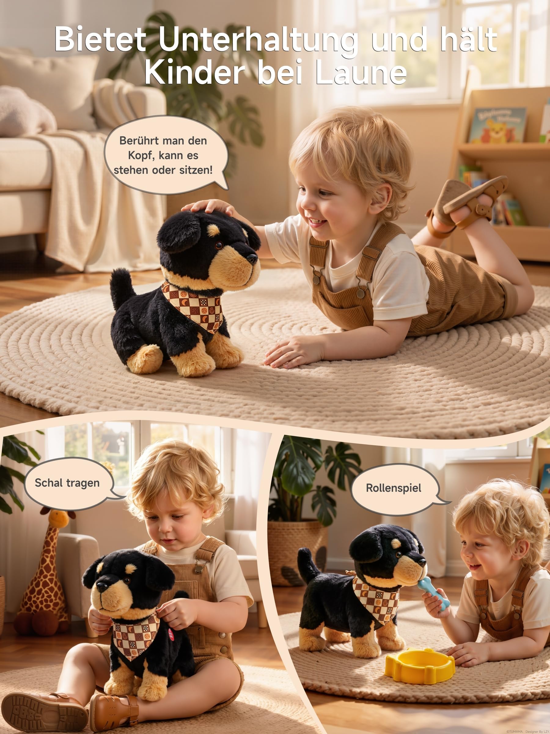 OR OR TU Sprachgesteuerte Hund Spielzeug Kinder Plüsch Hunde | Rottweiler, Singen, Bellen, Laufen und Sich Hinsetzen, hautfreundliches Material, für Kinder ab 2 Jahren, Geschenk
