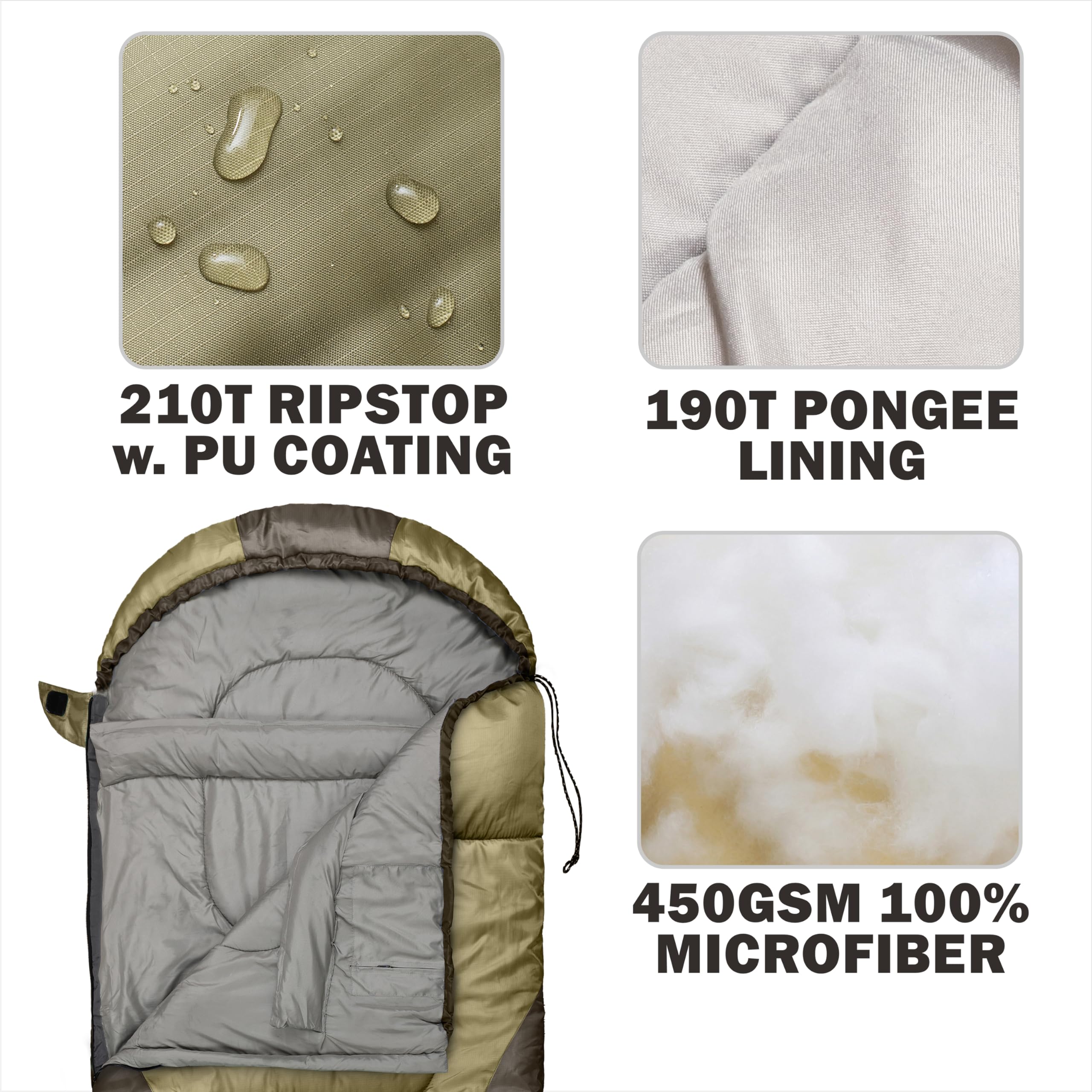 Sac De Couchage Hiver 0°C Pour Adultes - Confort -30°F - Inclus Oreiller - Vert Armée - Format Rectangulaire