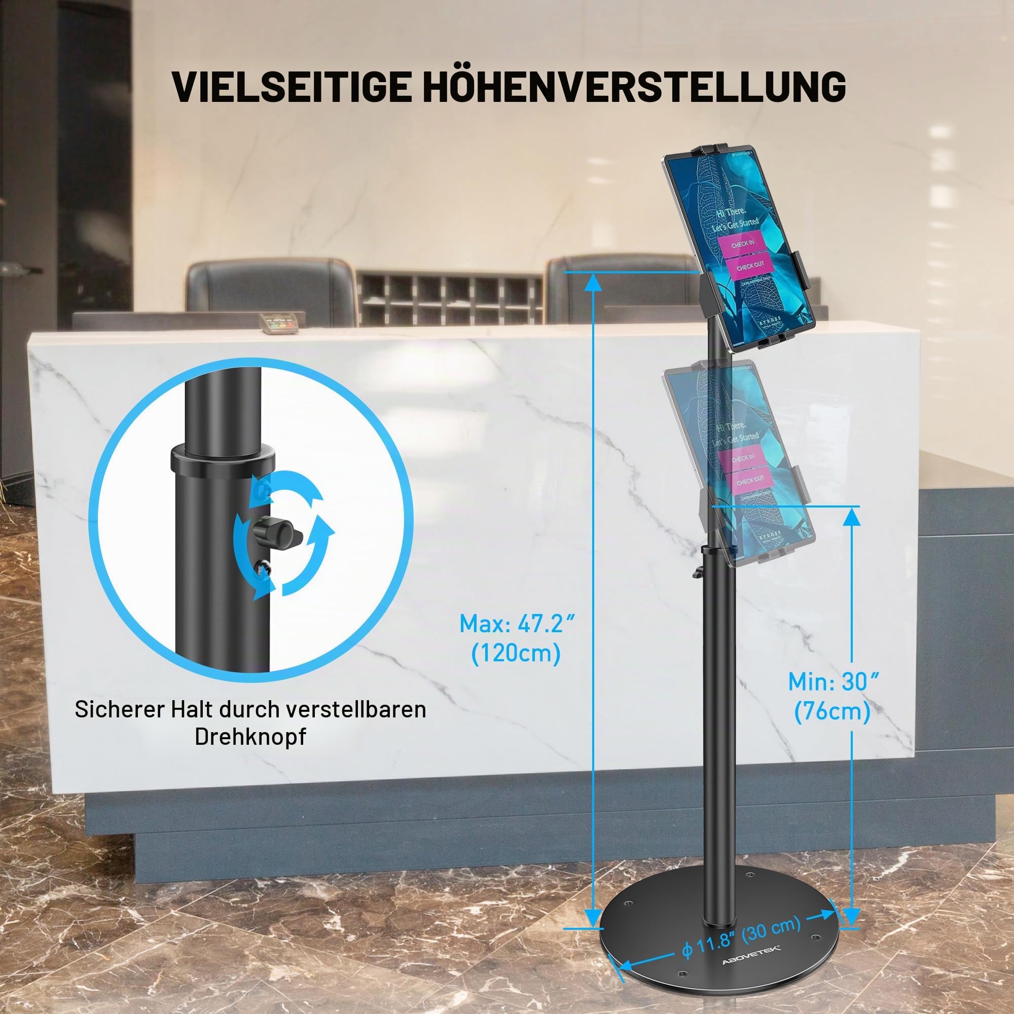AboveTEK iPad Kiosk Bodenständer - Höhenverstellbarer POS Tablet Bodenständer, 360° drehbare Universal-Halterung für 7,9" bis 11" Tablets - Diebstahlsicherer Ständer für den Einzelhandel