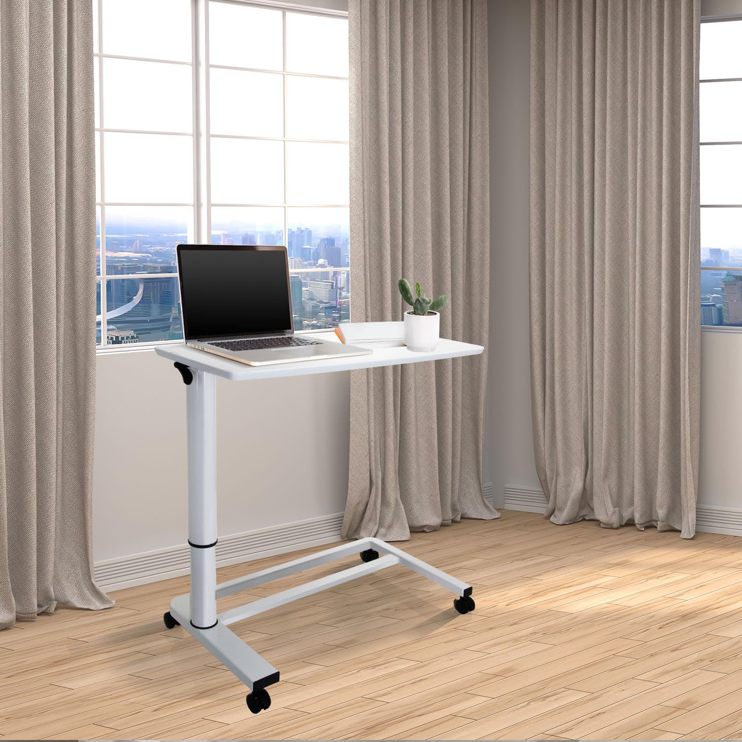 hjh OFFICE 830054 Sitz-Stehtisch höhenverstellbar Stand II Weiß Beistelltisch mit Gasfeder & Rollen, Höhe bis 107 cm