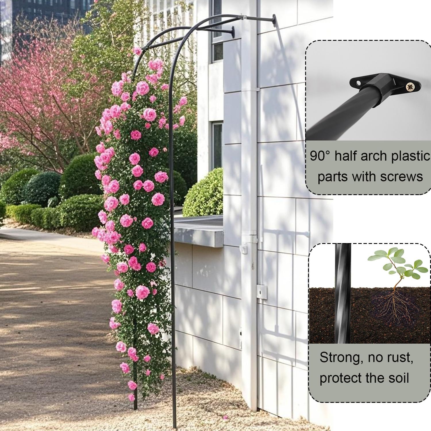 Arco da giardino per parete in metallo, traliccio per rose, altezza 240 cm, robusto, design a mezzo strato, per terrazza, montaggio a parete, nero (H240 x W200 cm)