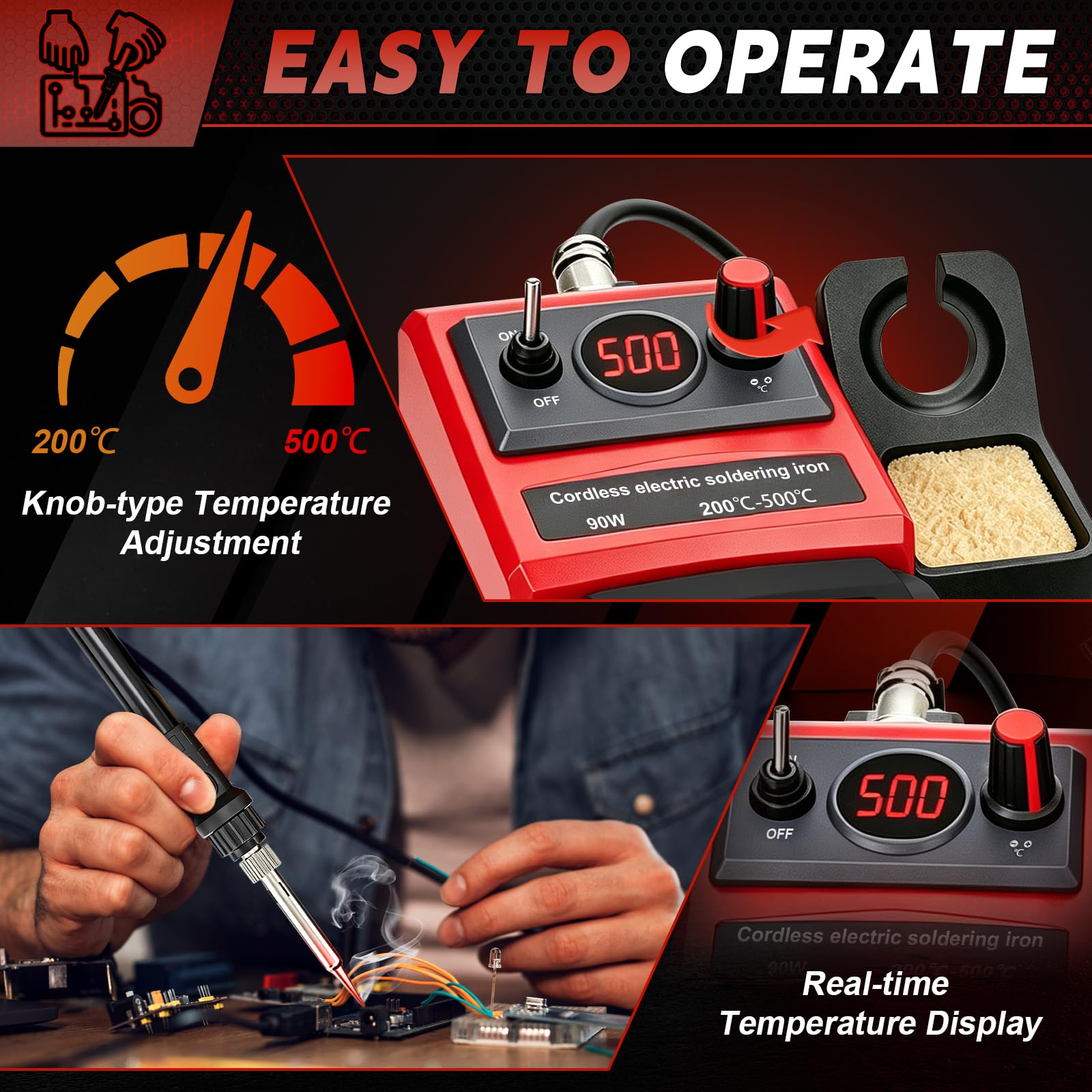 Estación de Soldadura a Batería para Milwaukee 18V (sin Batería) | 90W, Kit de Soldador, Temperatura 200–500°C, Pantalla LCD, 5 Puntas, Bobina de Hilo, para Bricolaje