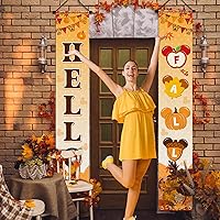 Vista 4 de Letrero decorativo para porche con texto en inglés "Hello Fall", suministros temáticos de otoño, diseño de ratón, calabaza, puerta, hoja, arce