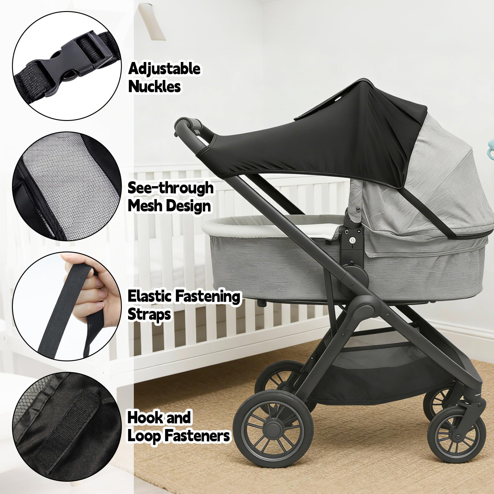 Parasole per passeggino con finestra, impermeabile, regolabile, universale, con protezione UV (nero)