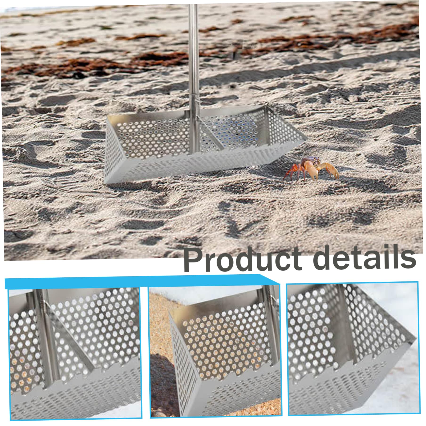 Rastrello esagonale in acciaio inox da 130 cm, denti smussati, impugnatura antiscivolo, setaccio rimovibile per sabbia e pulci e strumenti efficienti per la pulizia della spiaggia