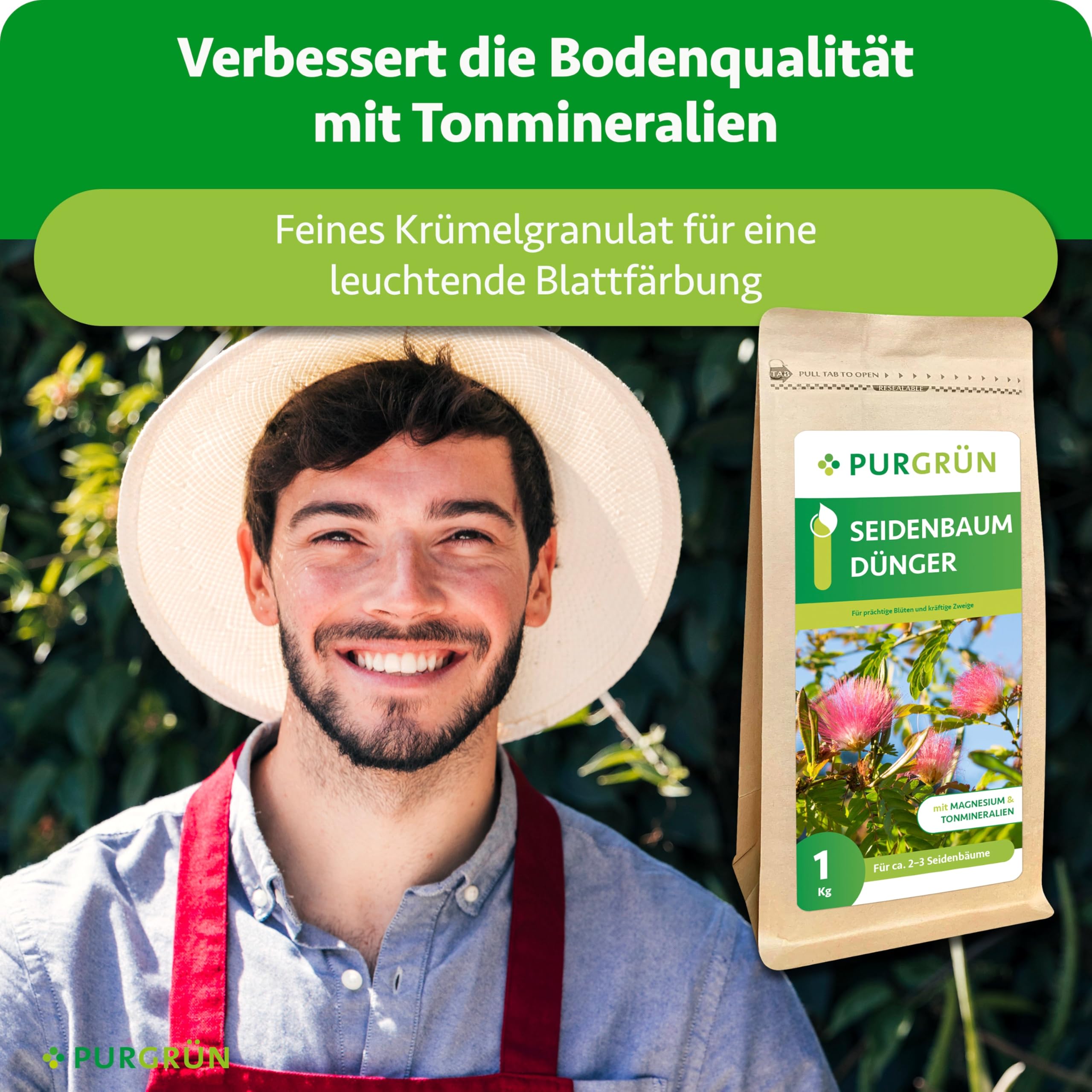 Seidenbaum-Dünger 1 kg – Organisch-mineralische Rezeptur – Feinkörniges Krümelgranulat – NPK 9+4+8 – Extra Magnesium für leuchtende Blüten – Verbessert die Bodenqualität