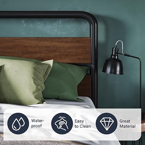 Miniatura 5 de Allewie Base de cama de metal tamaño King con cabecero y estribo de madera curvos, plataforma de hierro resistente con almacenamiento debajo de la