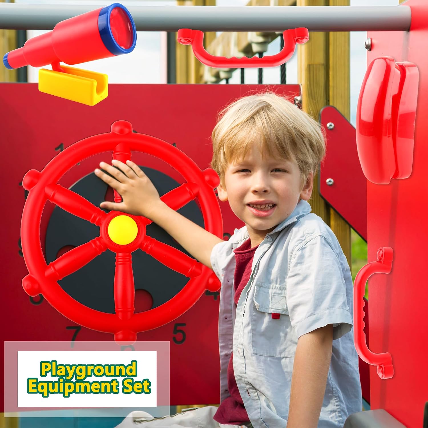 5 Pcs Kids Playground Accessories for Kids Outdoor Plastic Steering Wheel Swingset Phone Pirate Telescope Telephone Safety Handle for Child Backyard Tree House Playhouse Jungle Gym (Red Set 1)