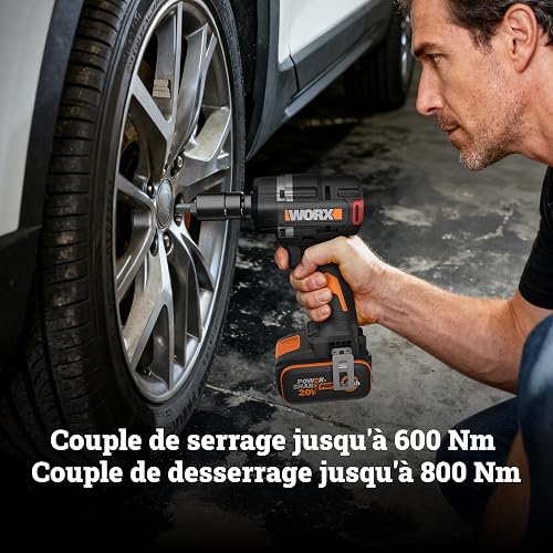 WORX Clé à chocs sans fil 20V WX273.9, couple max de 800 Nm, moteur brushless, vitesse variable, serrage et desserage, éclairage led, design compact, livrée avec 4 douilles, sans batterie ni chargeur - 3