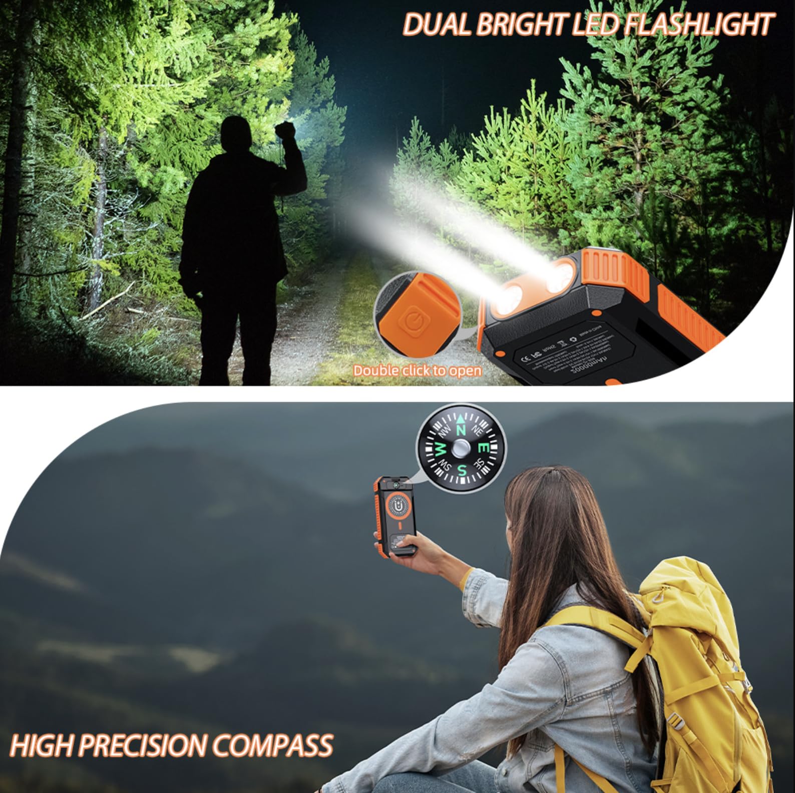 Power Bank Solar 20 000 mAh avec charge sans fil – Batterie externe étanche avec panneau solaire, charge rapide USB et USB-C, lampe torche et boussole – Chargeur portable pour iPhone, Samsung