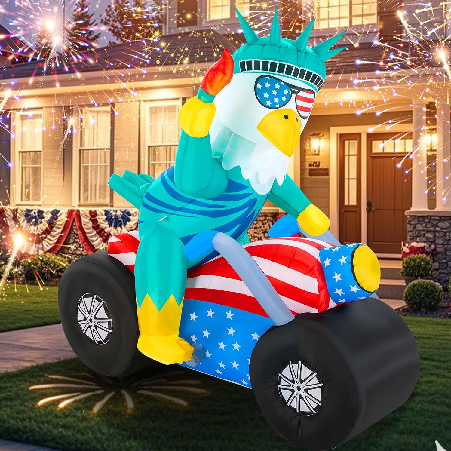 Mepase 4.9ft 4th of July Inflatable Outdoor Decoration, 250th Anniversary Goddess of Liberty Bald Eagle Sitting on Motorcycle LED Memorial Day Blow up Patriotic Independence Day Decor Outdoor