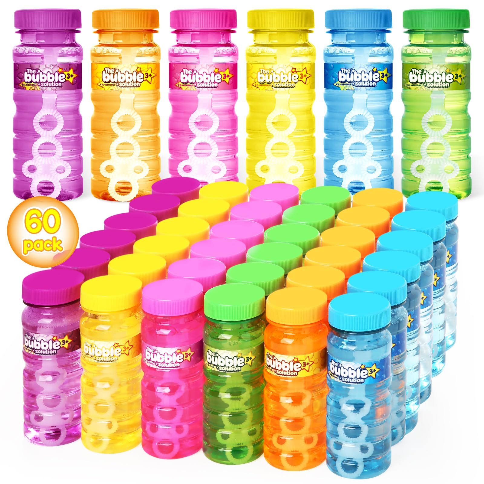 Shemira 60 Pcs Bubble Bottles with Wand, Bubble Party Favor Supply for Summer Indoor & Outdoor Activities, 4 OZ Bubble Solution Summer Toy in 6 Colors